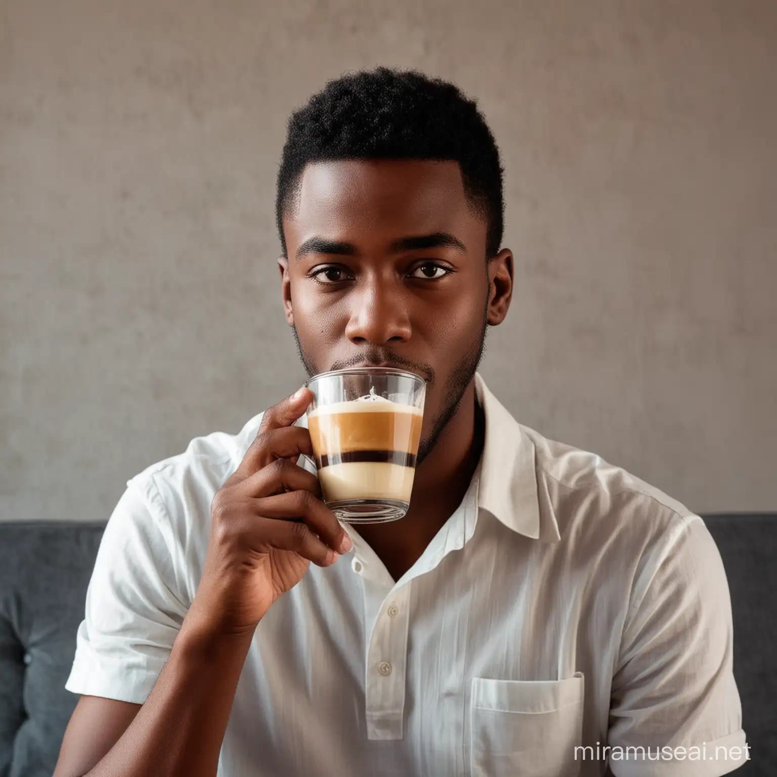 young black African guy sip a cold glass of coffee 
