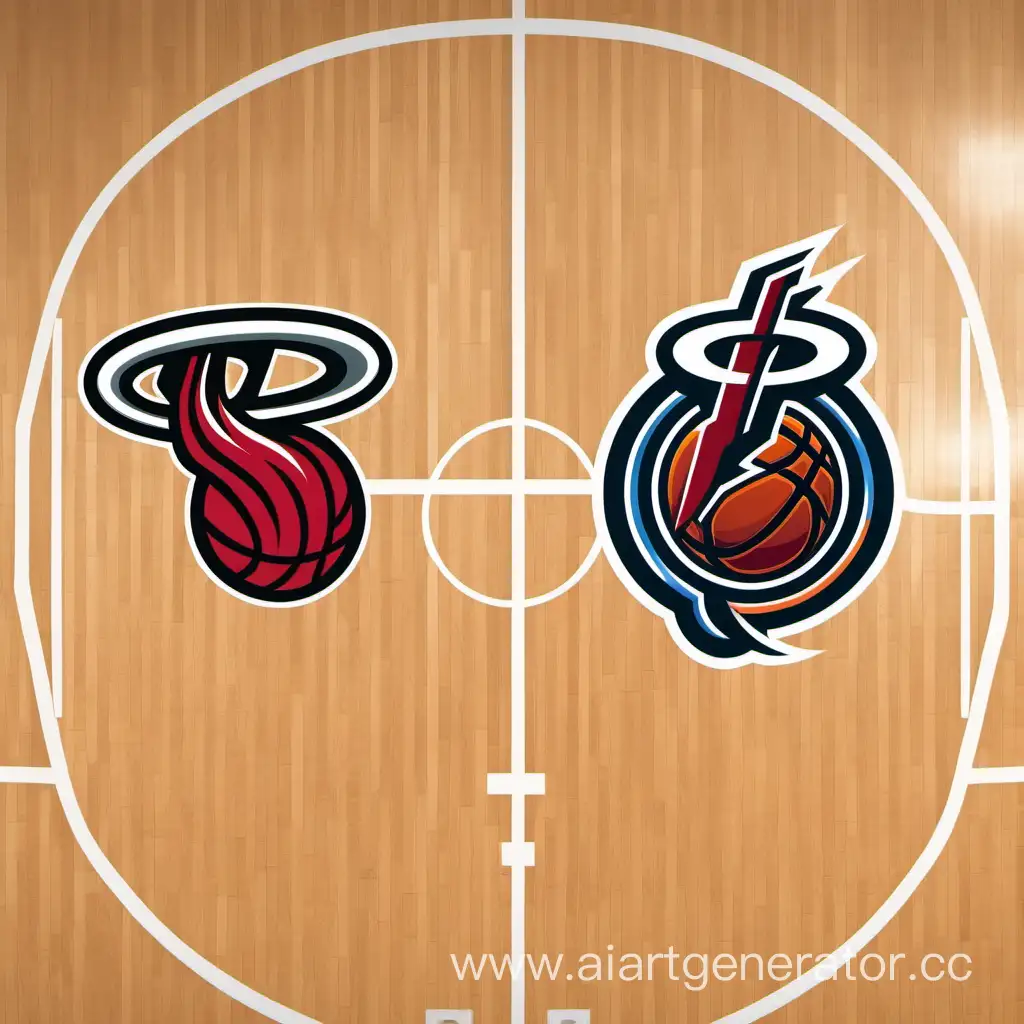 логотип команды майами хит против логотипа команды оклахома-сити тандер на фоне баскетбольного кольца