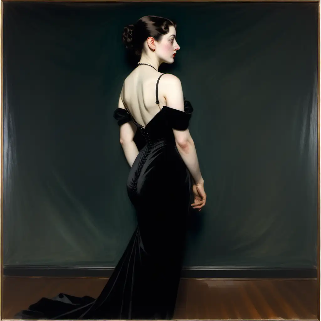 A  PORTRAIT OF A BEAUTFUL WHITE WOMAN,  with dark hair PULLED UP,  FULL LENGTH VIEW,   IN PROFILE, FACING RIGHT, WEARING A BLACK VELVET GOWN,  WITH STRAPS, WITH THE RIGHT STRAP FALLEN DOWN OFF THE SHOULDER,  in the style of  JOHN SINGER  SARGENT'S  MADAME X.