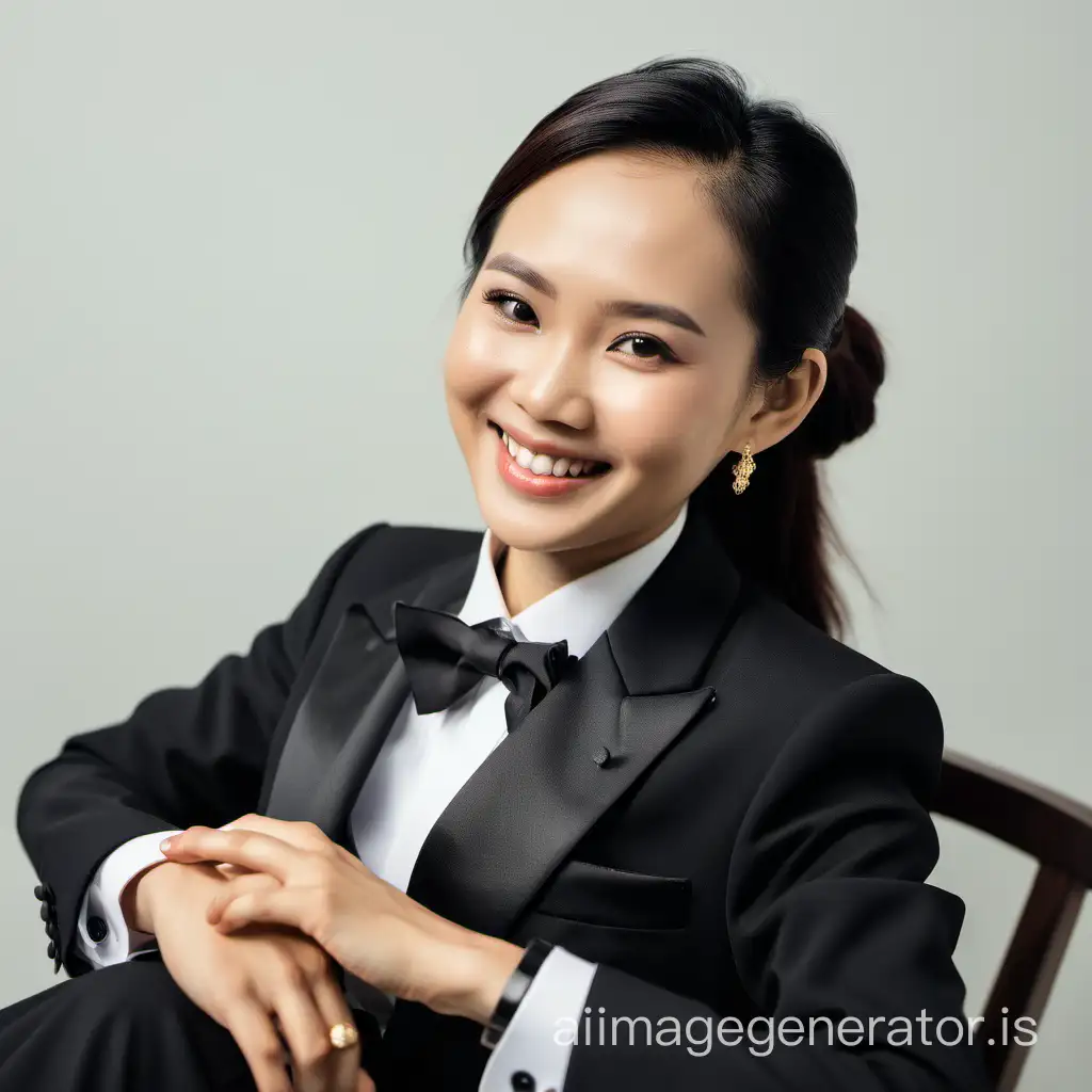smiling Vietnamese woman wearing a tuxedo, cufflinks, sitting