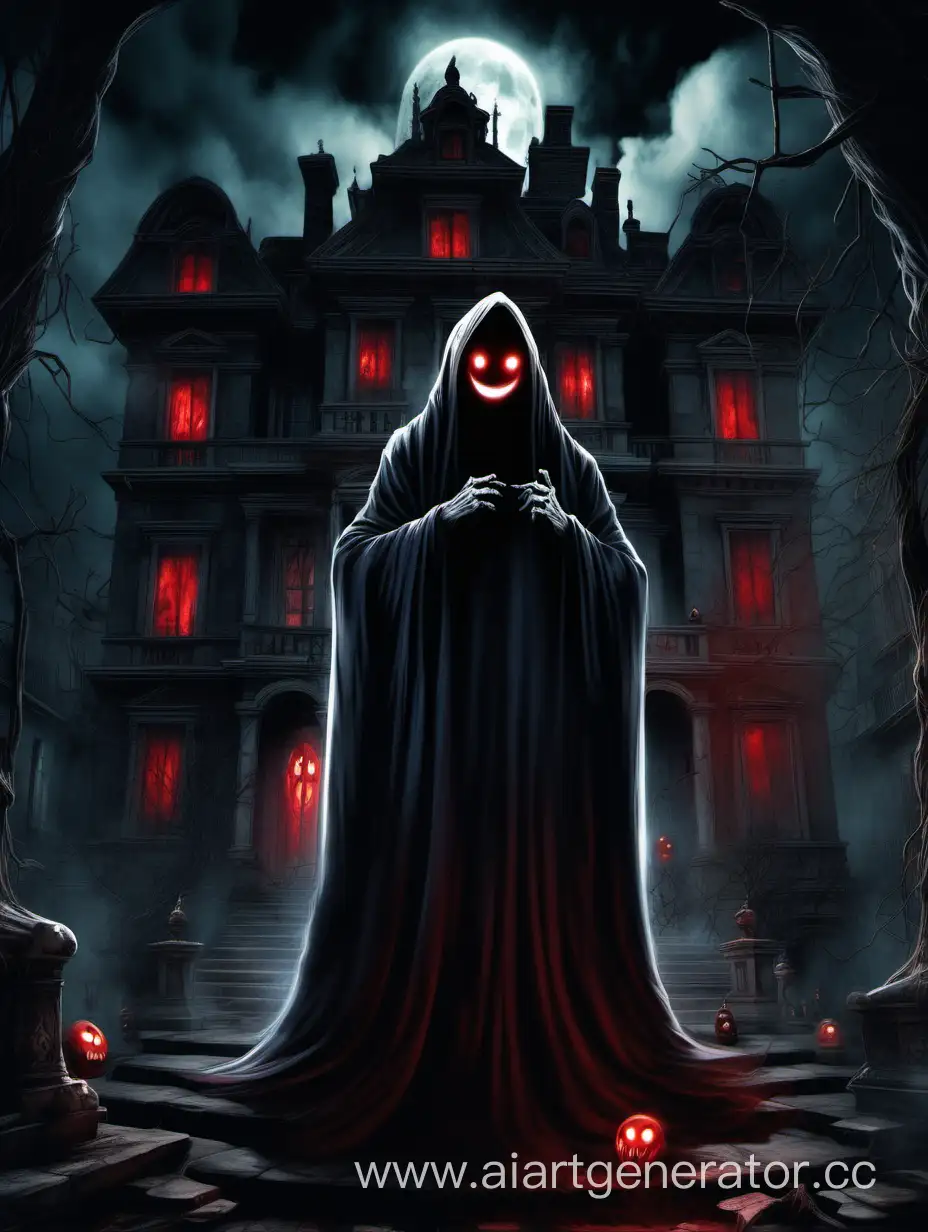 Smiling-Ghost-in-Dark-Cloak-with-Glowing-Red-Eyes-at-Ancient-Mansion