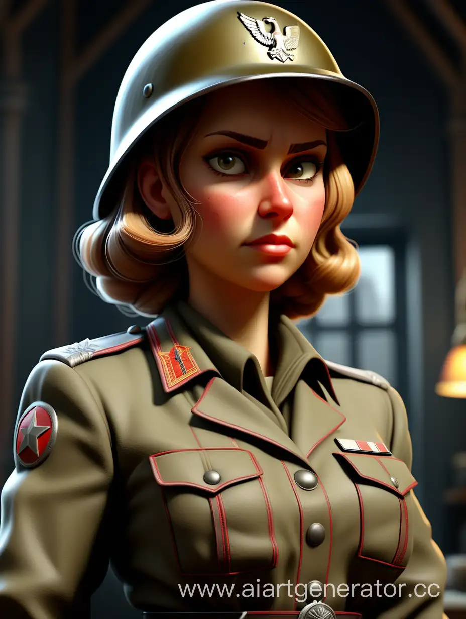 30 year old woman, full body, german helmet, 8K, highly detailed, ww2 Soviet military uniform officers, solo, epic video game key visual, RPG style, masterpiece, illustration, best quality, detailed, intricate, 8k, HDR, wallpaper, cinematic lighting, sharp focus, fantasy