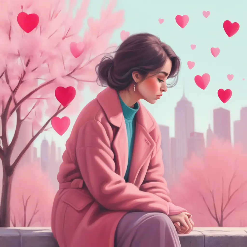 In muted vibrant spring colors: a woman looking lonely on Valentine's Day