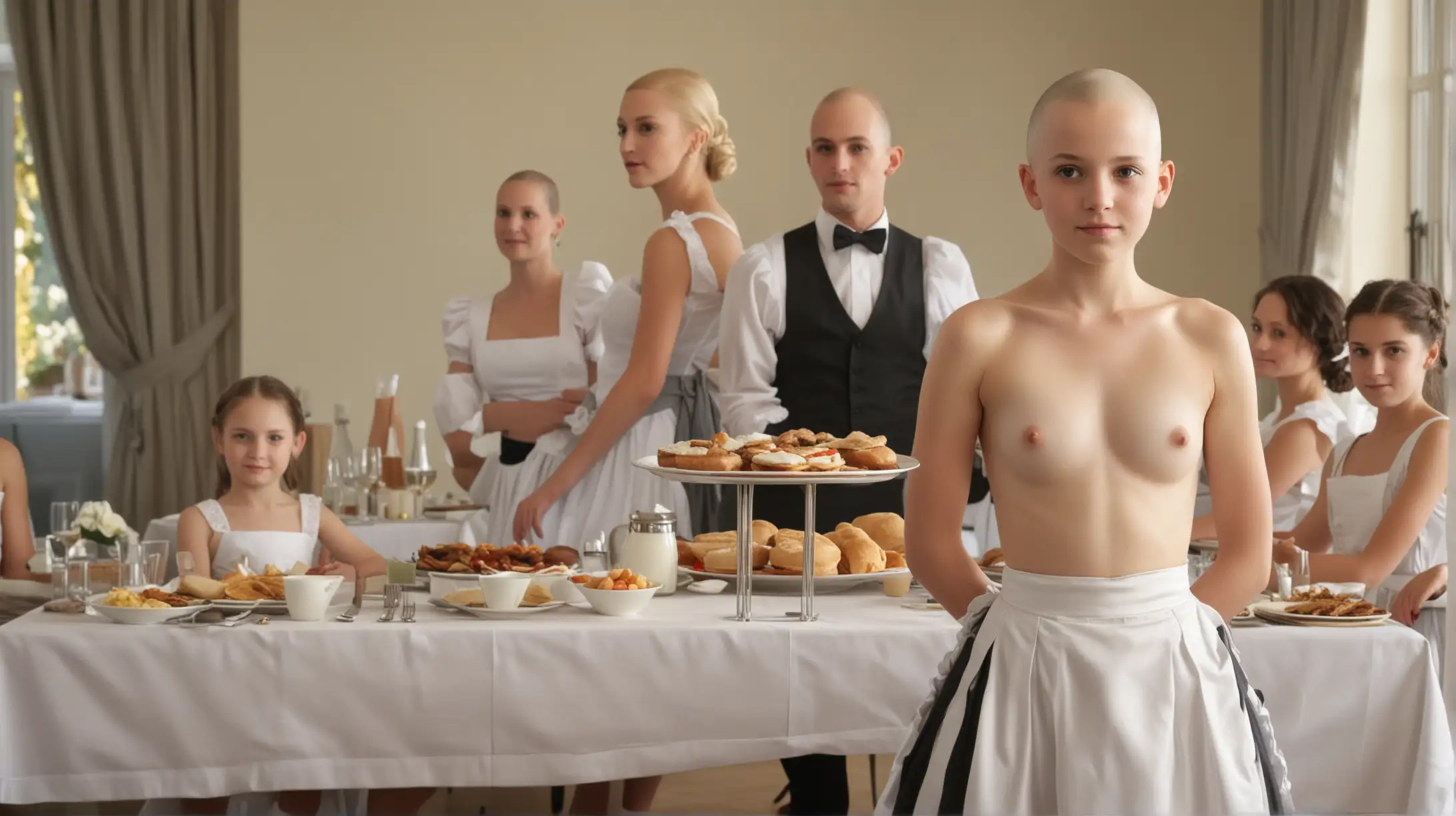 Hyperrealistic image: A bald, topless in a maids skirt, flat-chested 10-year-old waitress, wedding party,  standing at a table with guests and serving them food, full frontal