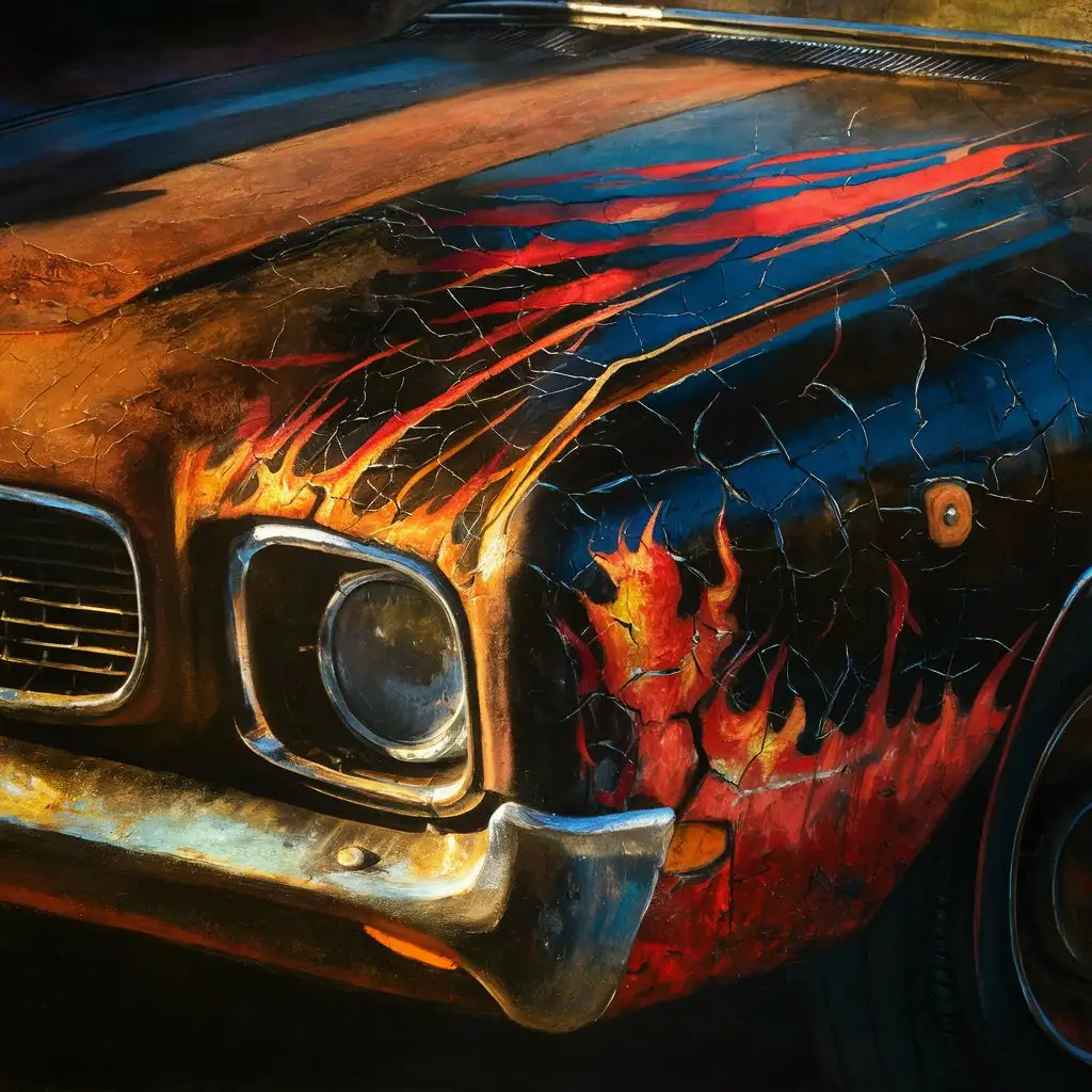 Close-up of an 1970, rusty car front  with cracked paint,painted flames,pattern,black,red,golden hours,shadow casting,renessaince oilpainting