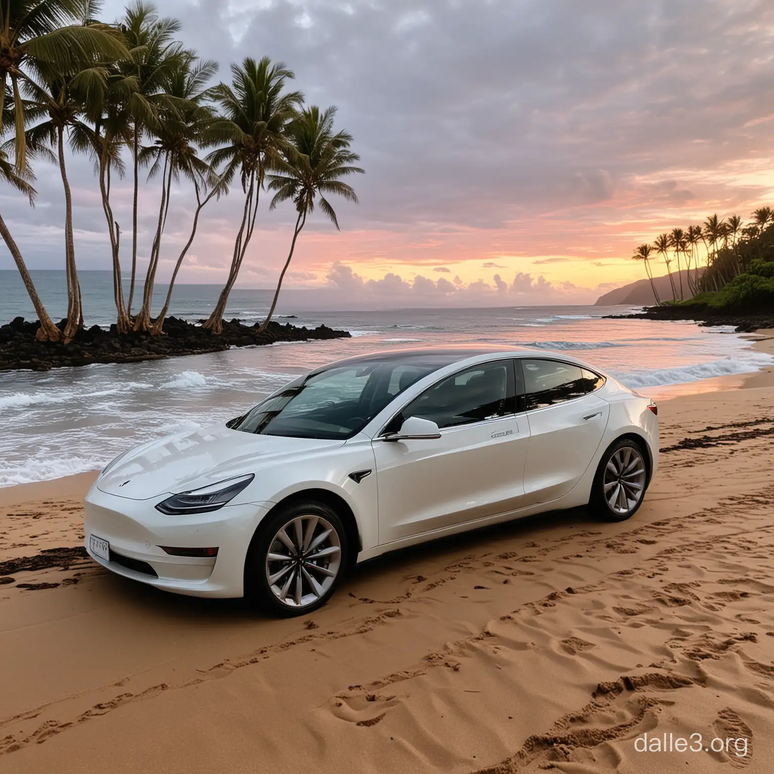 Tesla Model 3 Driving on Hawaiian Beach at Sunset with Palm Trees ...