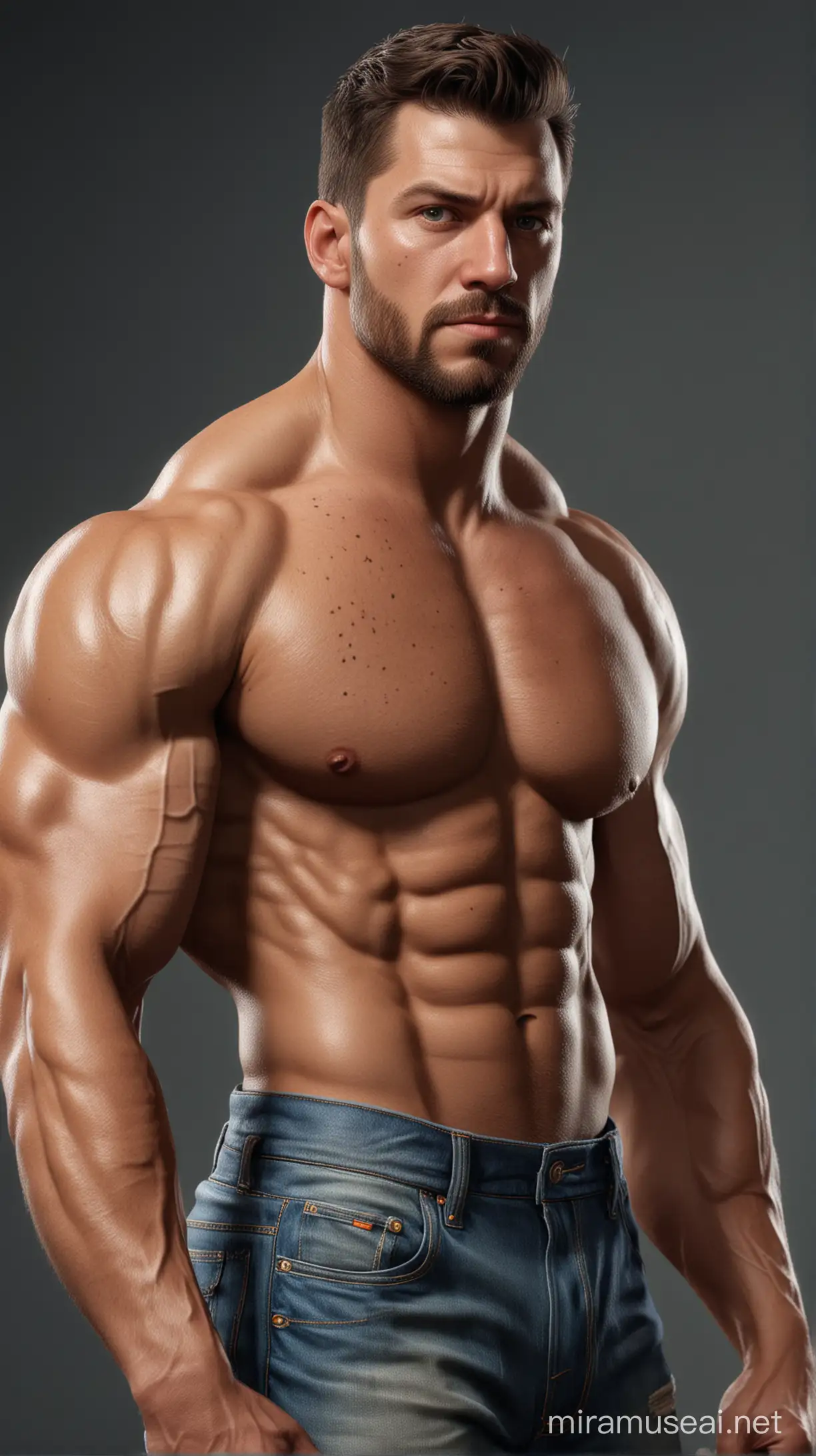 I am looking for a 3D, ultra high realistic, Unreal Engine render of a american man showing  his muscles