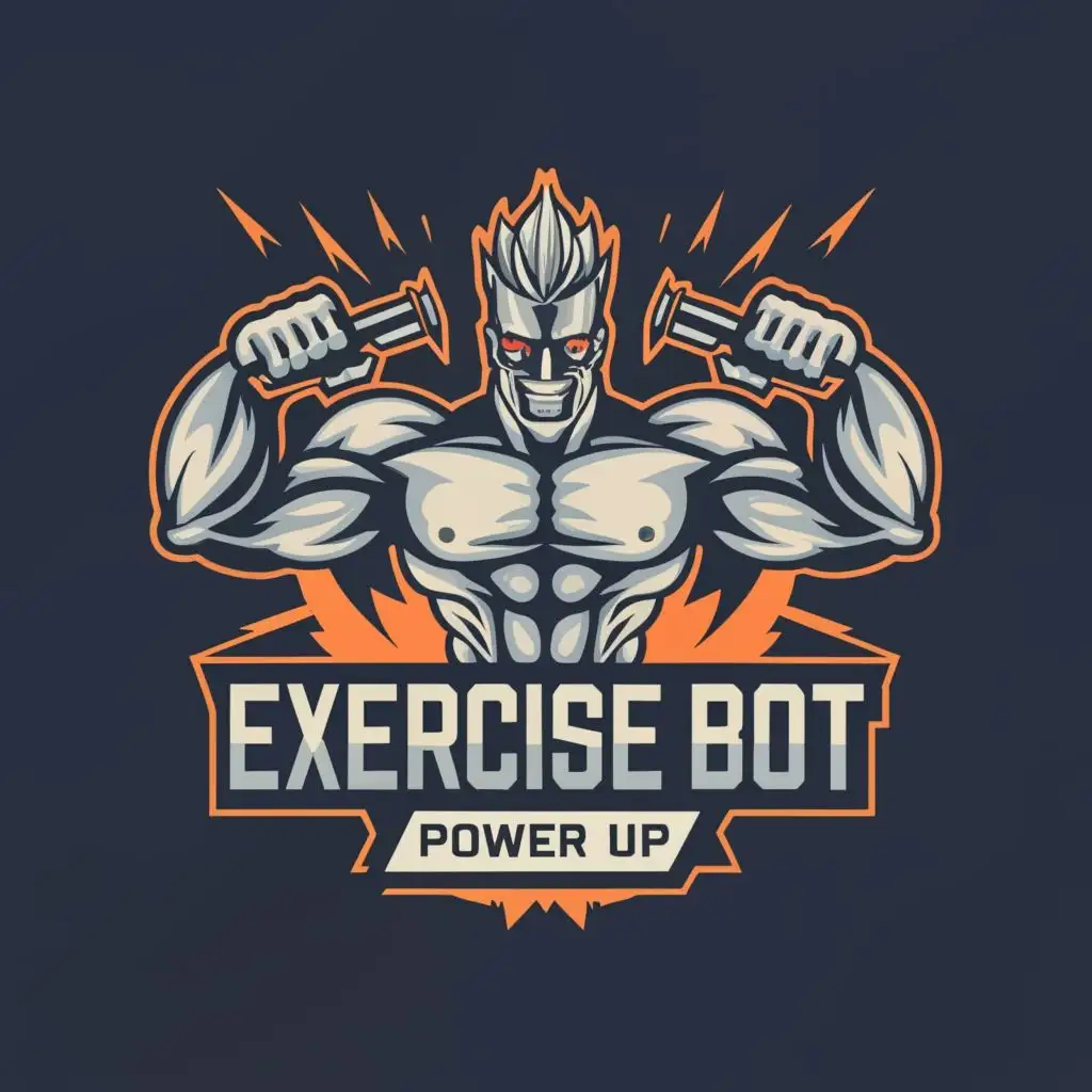 logo, Muscular Robot spiked hair dumbell, with the text "Exercise Bot Power Up", typography, be used in Sports Fitness industry