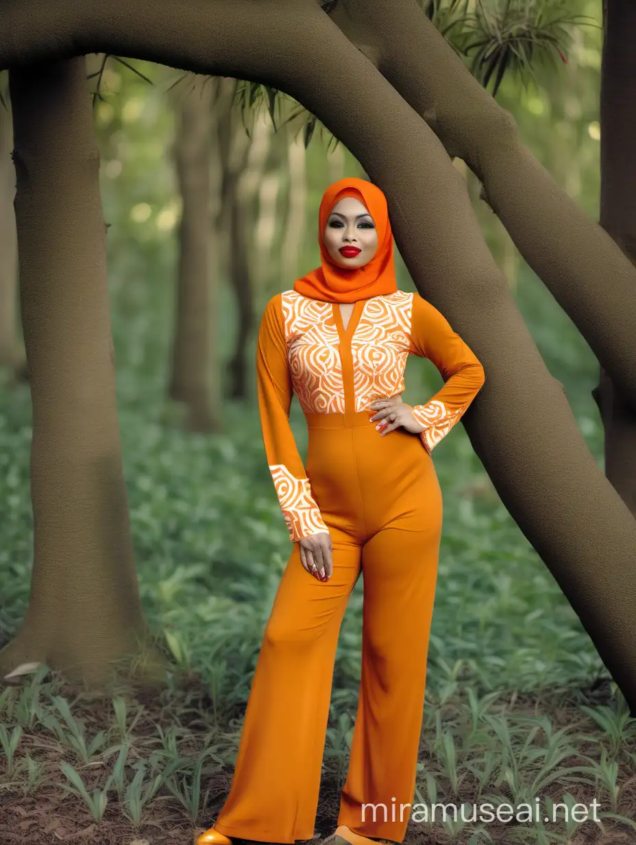 Stylish Indonesian Woman in Hijab Poses under Rambutan Tree