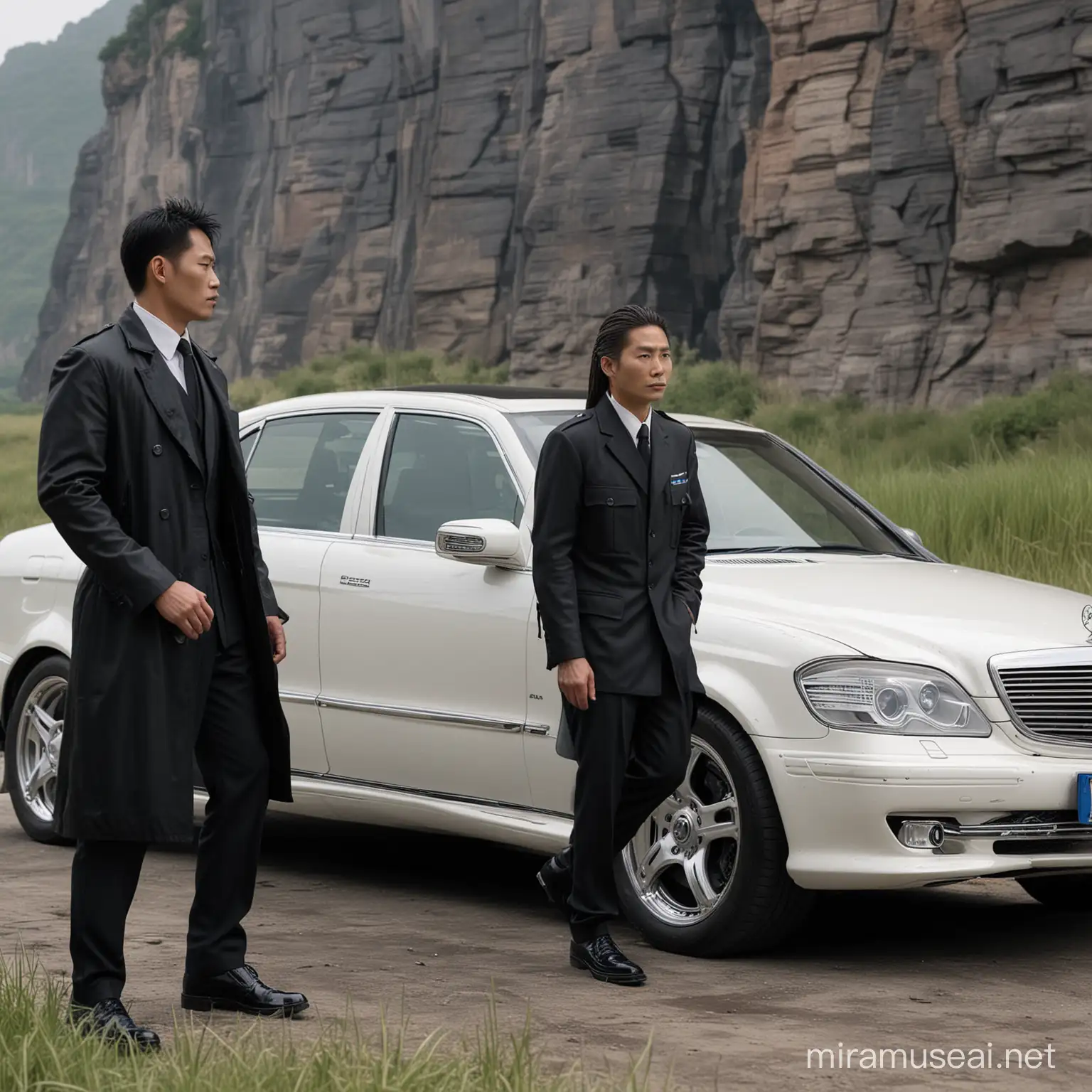 (best quality, 4k, highres, masterpiece:1, 5), ultra-detailed, photorealistic, side view of a whole whiten  Mercedes-Benz S600 Guard car, guarded by several people wearing black tactical clothing and holding M16 replicas, a handsome hongkong andylau  man aged 25, clean face with slightly long, dreadlocks hair parted in the middle, looking wrinkled and wet, wearing a black shirt, long black jacket, formal trousers, and formal shoes, walking and holding a Black M16 pointed at the camera, dense daytime atmosphere on a higher grass cliff, ground-level view, STYLIZE 1000 --ar 16:9 --v 5 --s 250