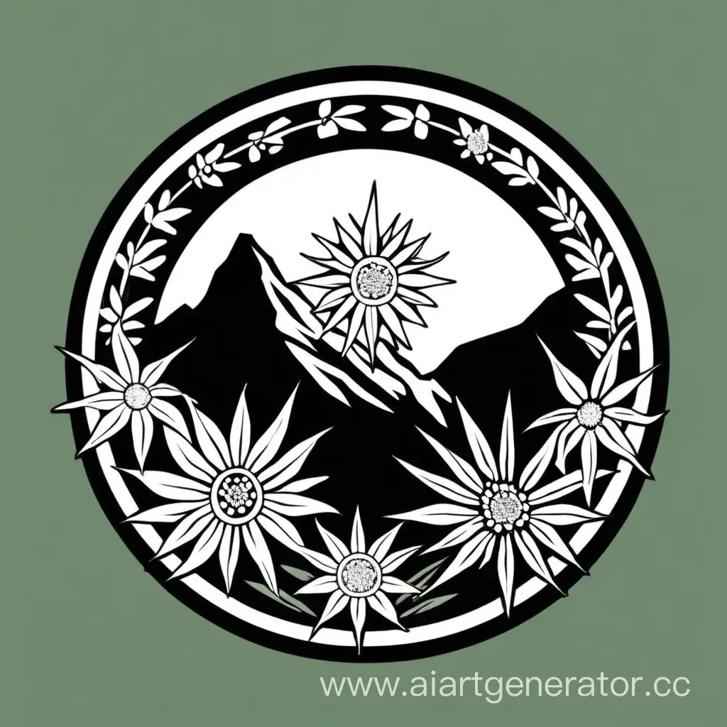 эмблема в двойном круге силуэт человека гора и цветок эдельвейс  
