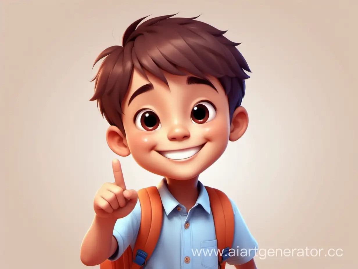 милый мультяшный мальчик Незнайка приветливо улыбается и показывает рукой в сторону
мальчик находится в школе