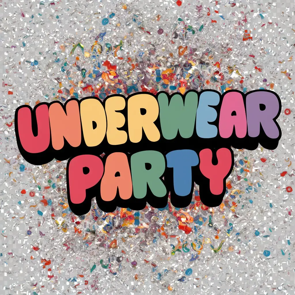 NO BACKGROUND AND BUBBLE FONT WORDS IN THE COLOR OD A RAINBOW SAYING "UNDERWEAR PARTY" IN THE CENTER. WITH CONFETTI.