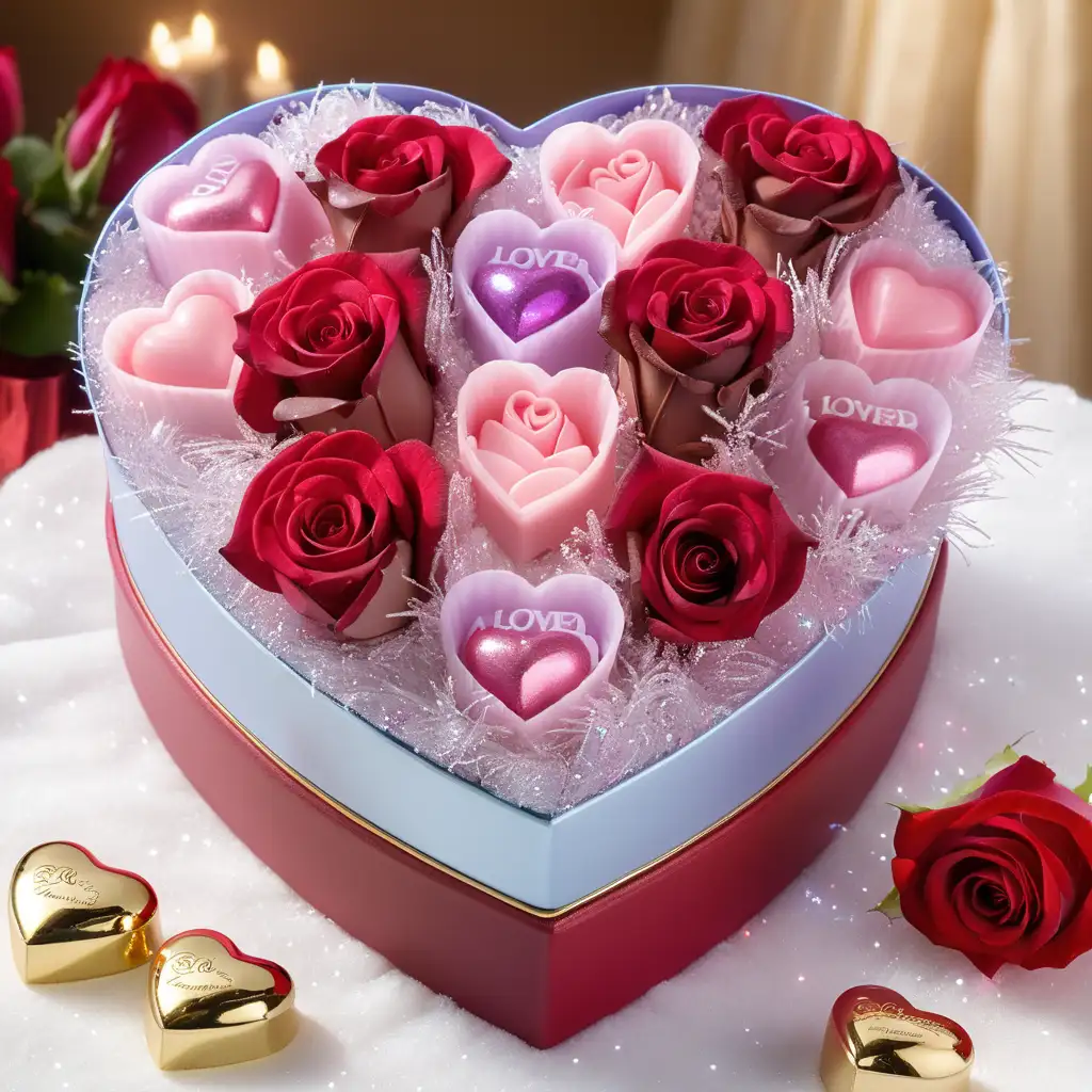 Double frosted hearts, valentines, heart shaped box of chocolate candy, bi colored roses, glitter, glowing, sparklecore, Thomas Kinkade