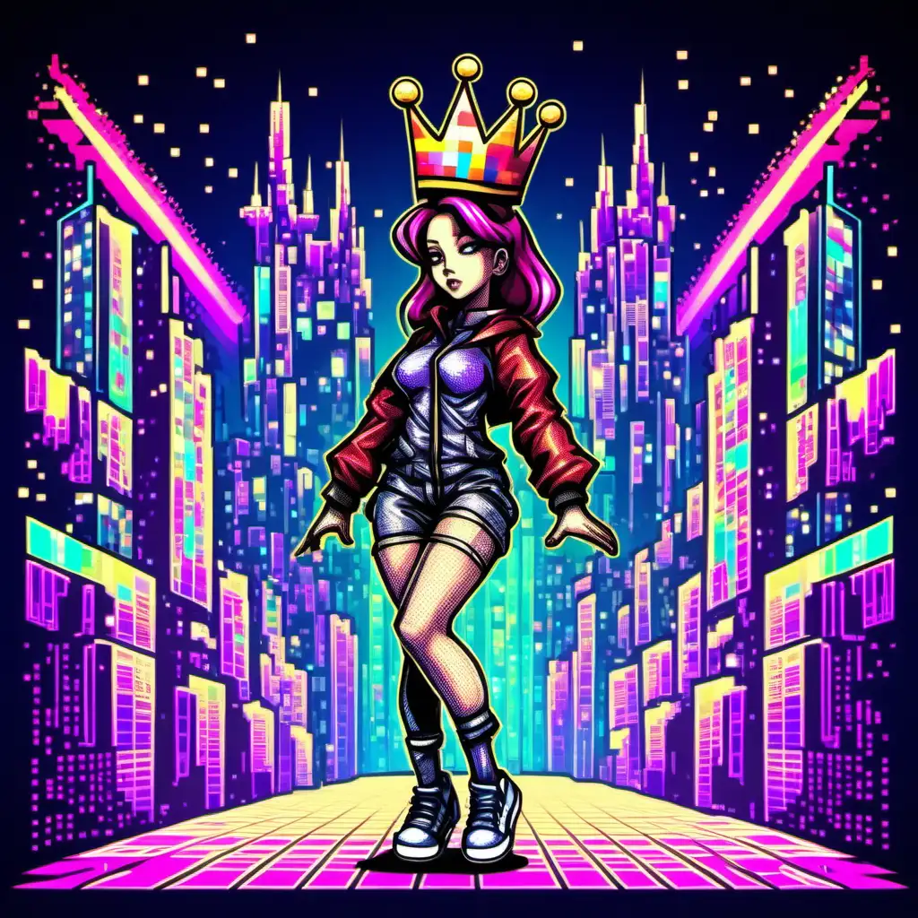 Vibrant Cyberpunk Video Game Dancing Queen with Pixelated Crown