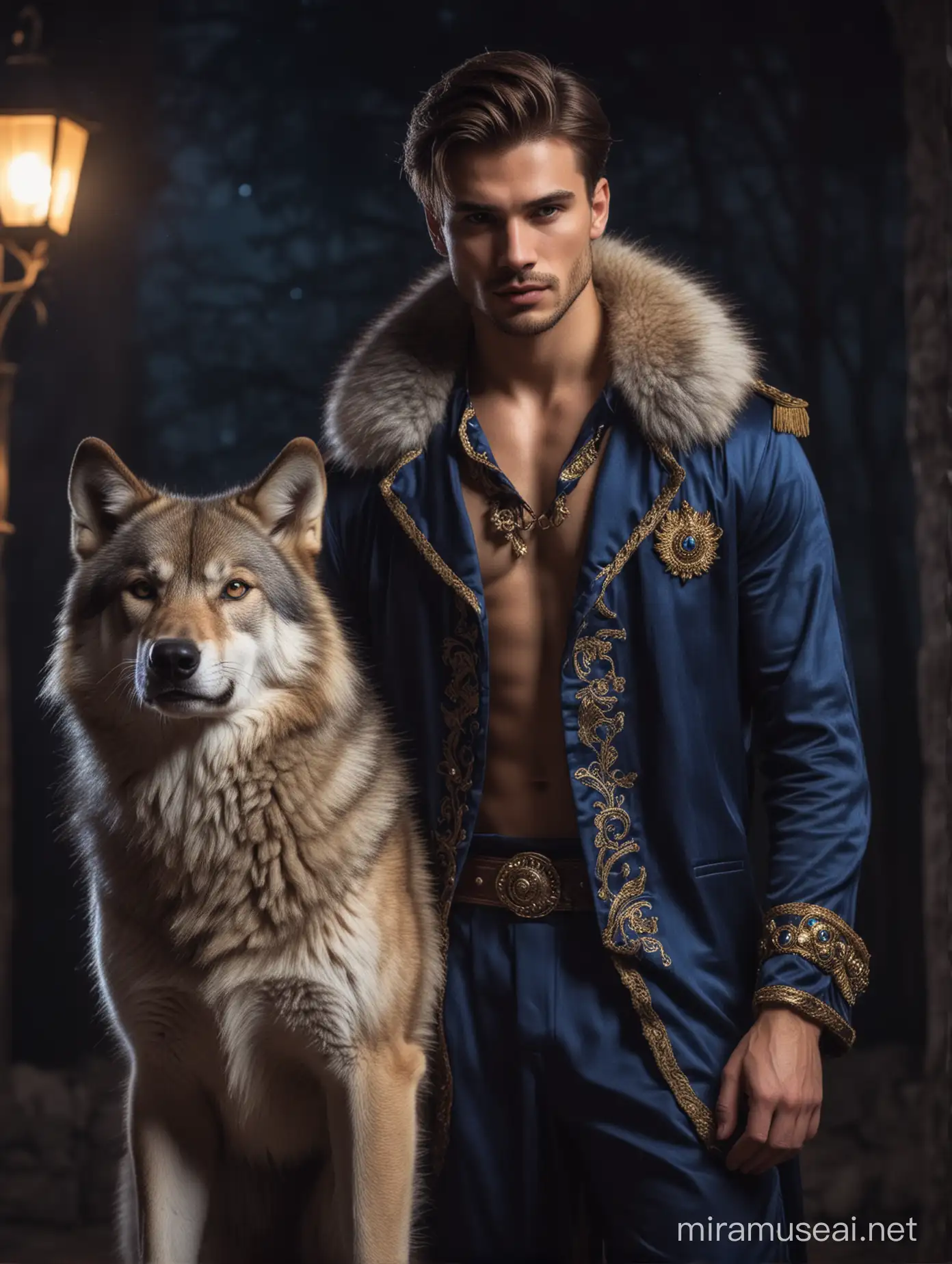 Handsome young man in hot sexy Royal apparel, standing beside a wolf at night. 