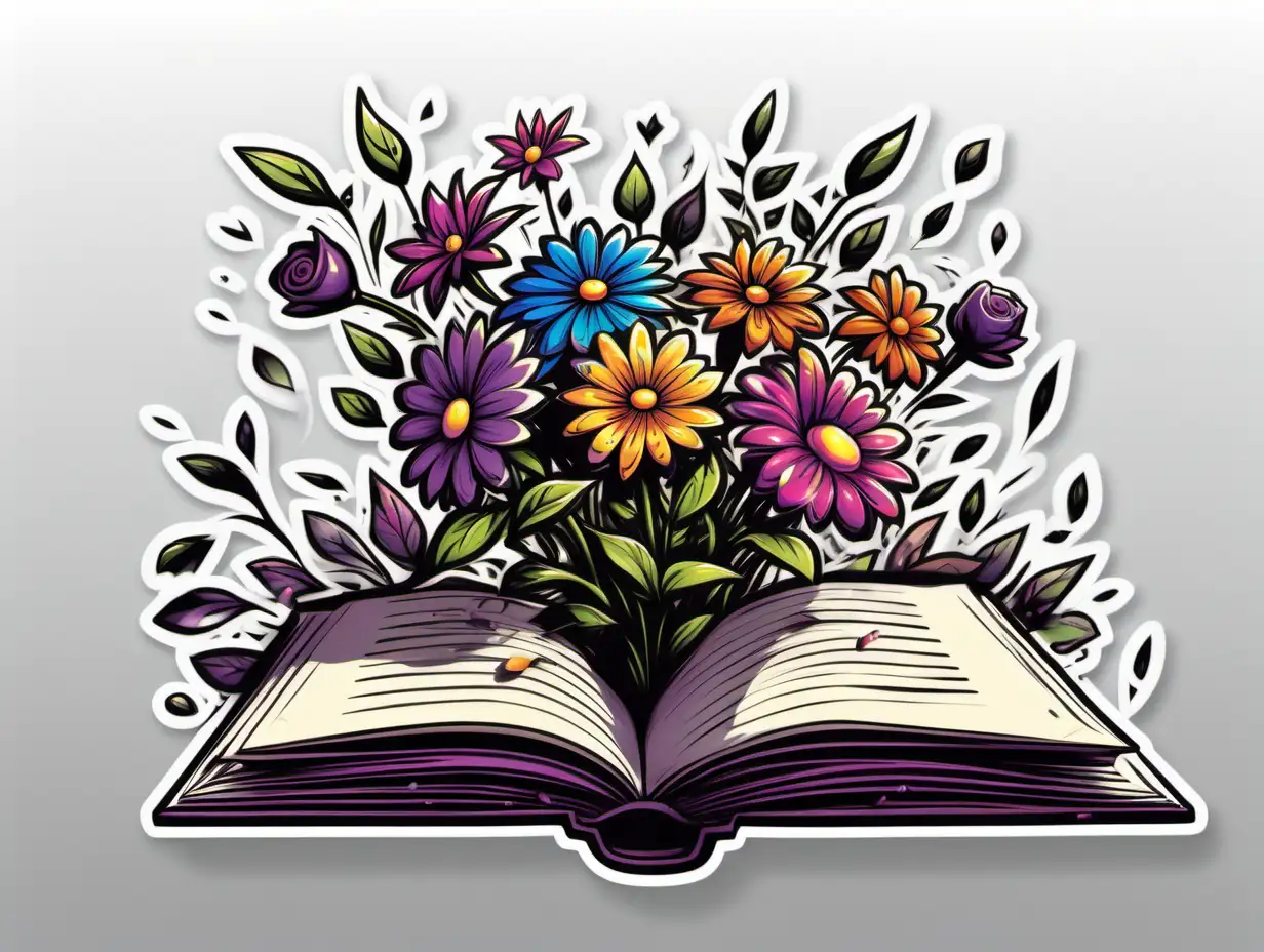 /imagine prompt:Book of/with Flowers, Sticker, Excited, Dark, Graffiti, Contour, Vector, White Background, Detailed
