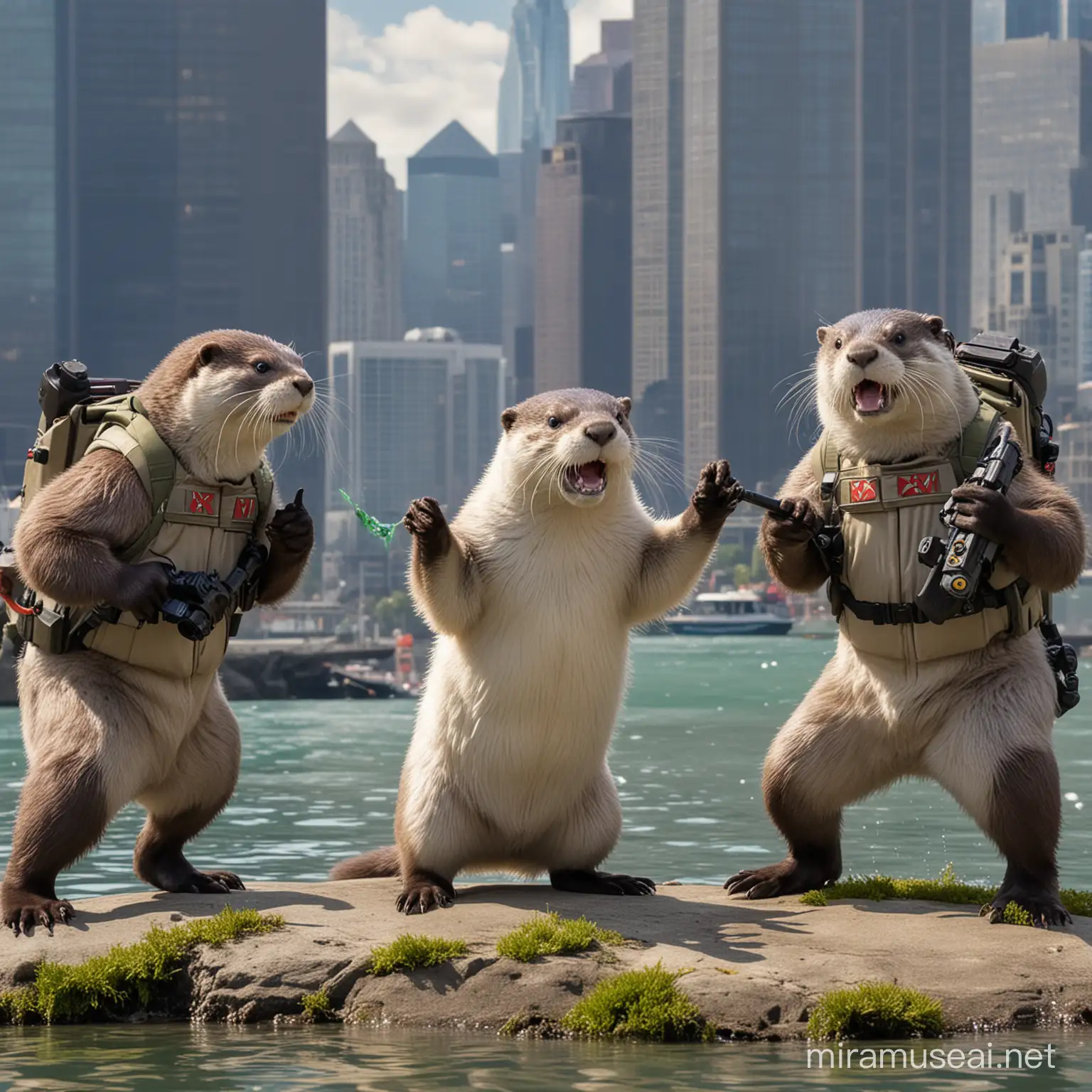 The Ghostbusters fighting off an otter the size of a skyscraper