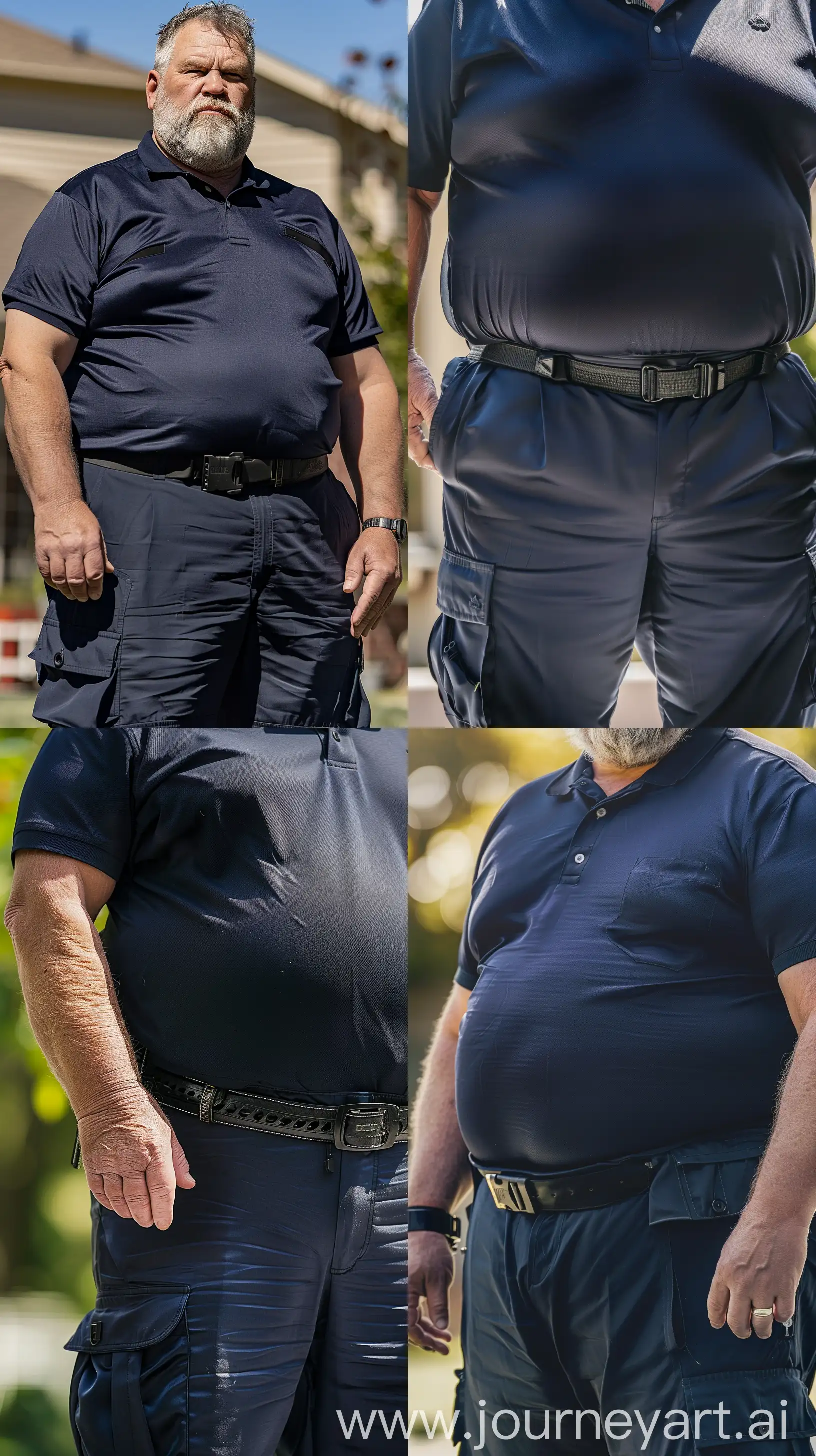Close-up chest-level full body photo of a serious very fat man aged 70 wearing navy cargo silk pants and a tucked in silk navy sport polo. Black tactical belt. Outside. Natural light. --ar 9:16