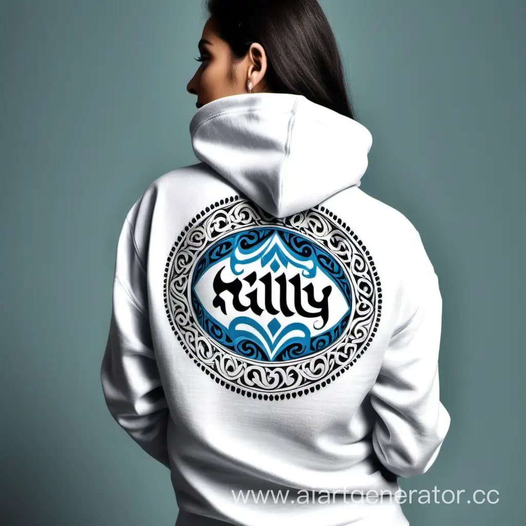 hoodie with Uzbek pattern on the back side and "Milliy" logo on the front side