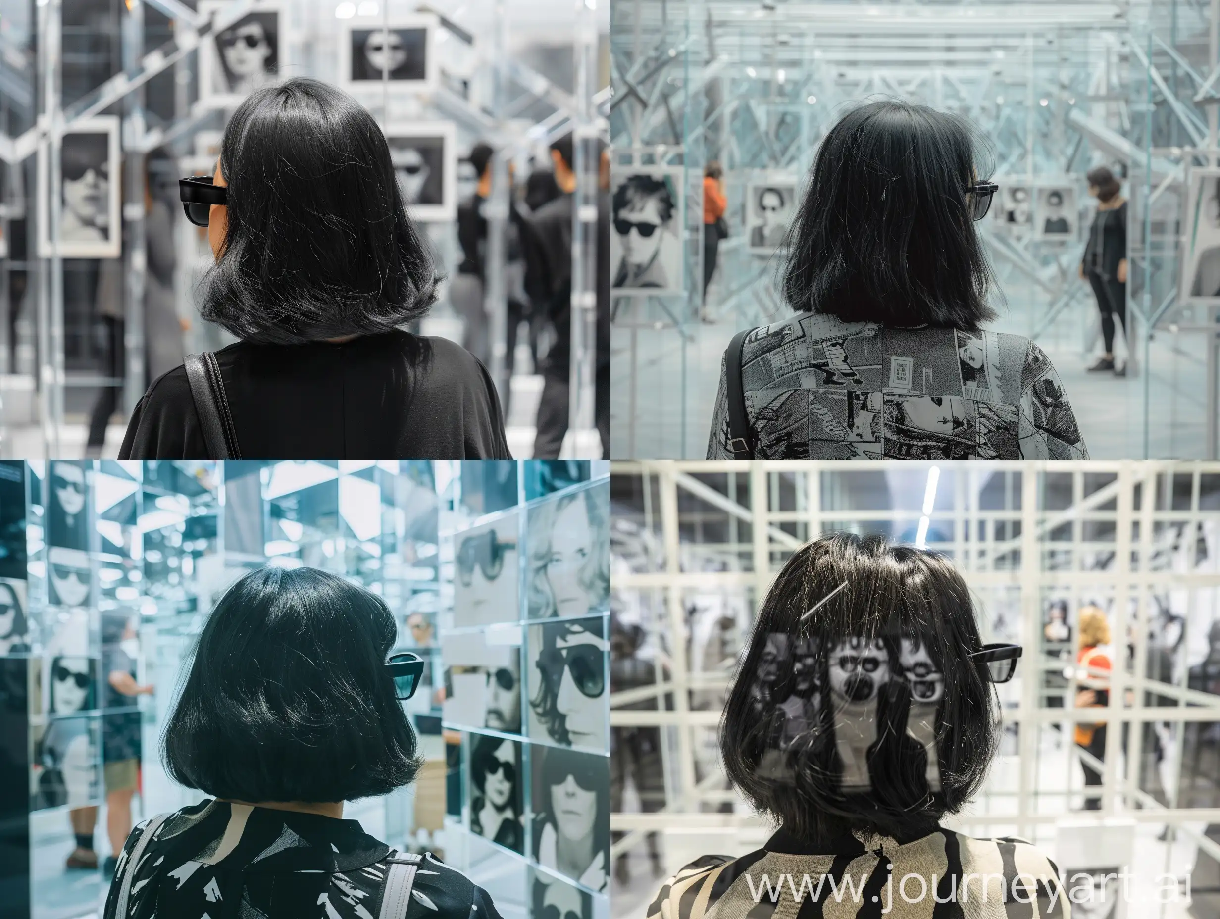 We see from behind. A 40old lady with black medium hair in a contemprary gallery, exhibition looks somehow like glass mazes and includes pictures in black and white of her taken in random way (not too clear). Vistiors are inside the fgallery all are wearing black sunglasses.