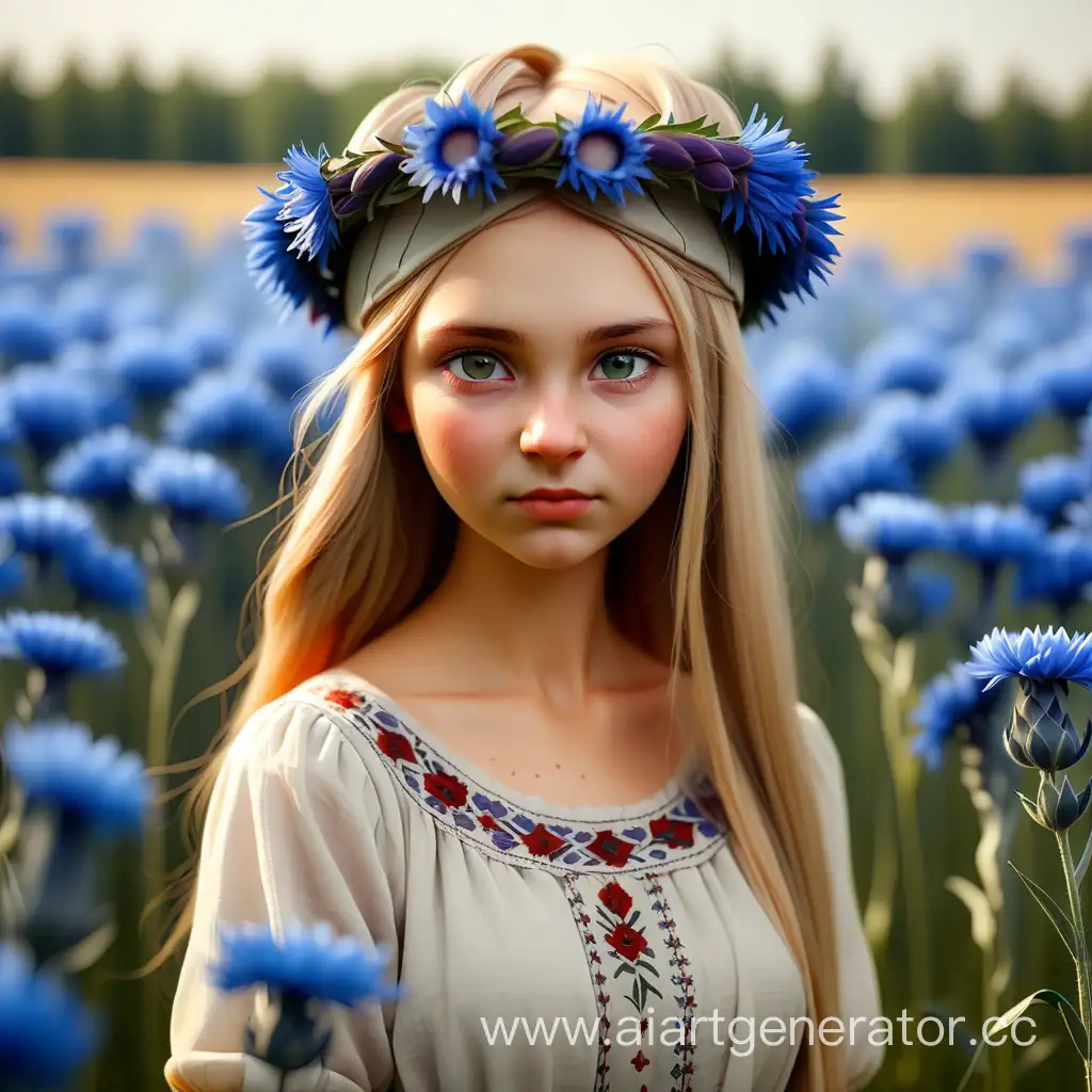 Крисивая Машка беларуская девушка в чстом поле в васильках и с венком на голове в легком платье
