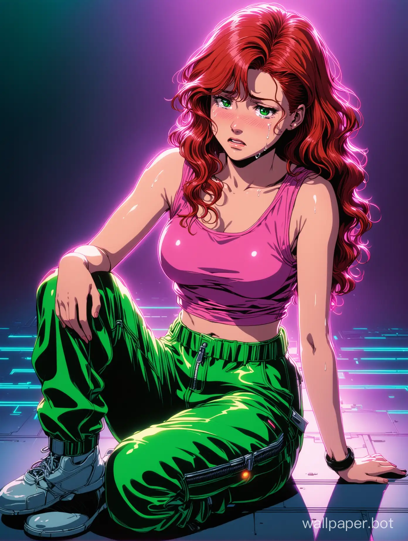 a young redhead woman sitting on the ground, crying desperately, she has a pretty face, she has long curly red hair, wearing a pink tank top, wearing dark green parachute pants, midriff, full body perspective, cyberpunk aesthetics, 1980s retro anime, glossy lighting, purple neon, very realistic, dingy and depressing