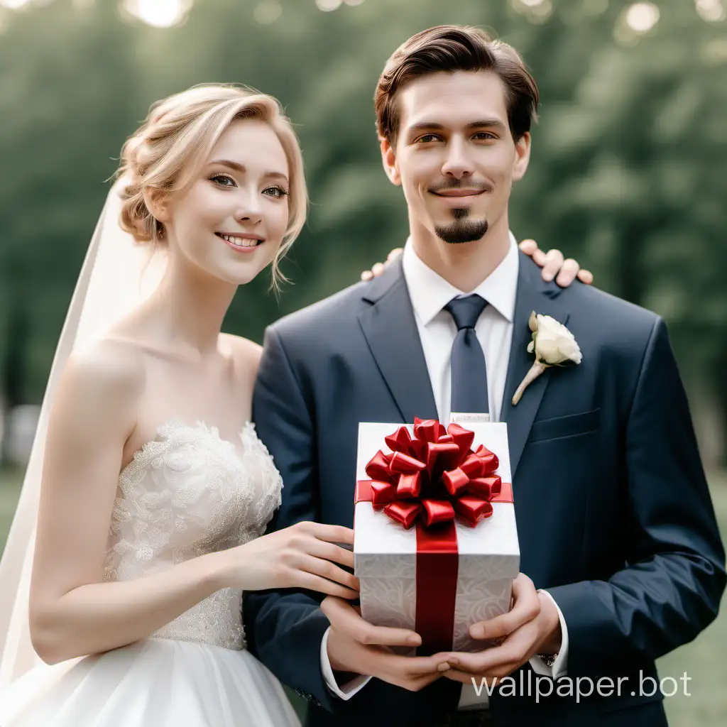 This is a real photo taken at a wedding. This is a white American couple. The man is tall and handsome, and the woman is beautiful. At their wedding, a friend gave them a gift box. They were holding the gift box in their hands, leaning on each other. The whole picture shows a scene of love.