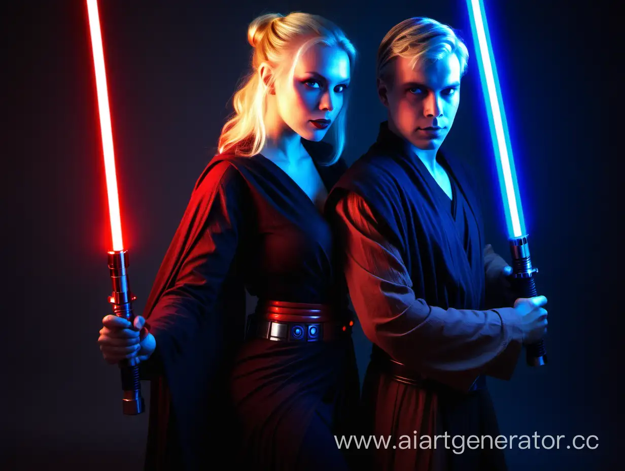 blond female Sith with a red light saber, 

male Jedi with a blue lightsaber,

love, couple