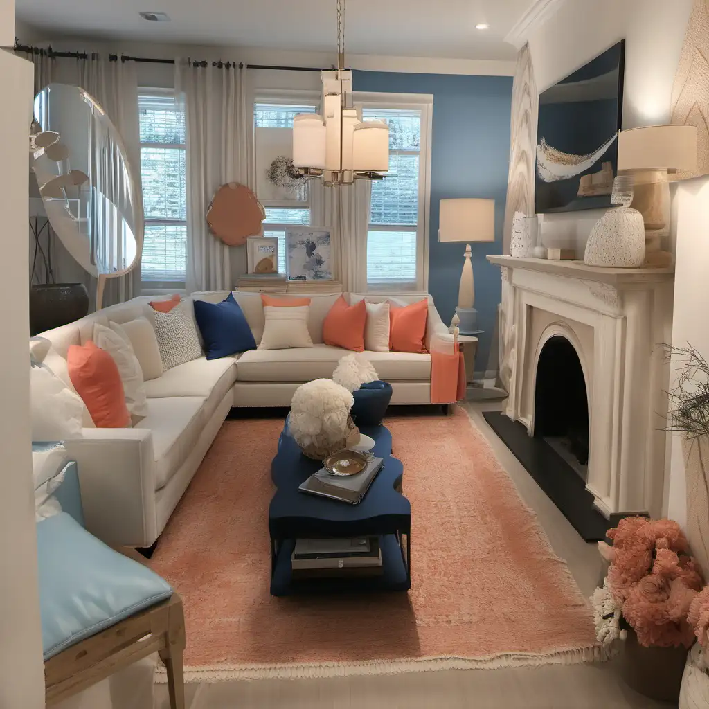 imagine an interior design mood board using beige, white, blue and coral color