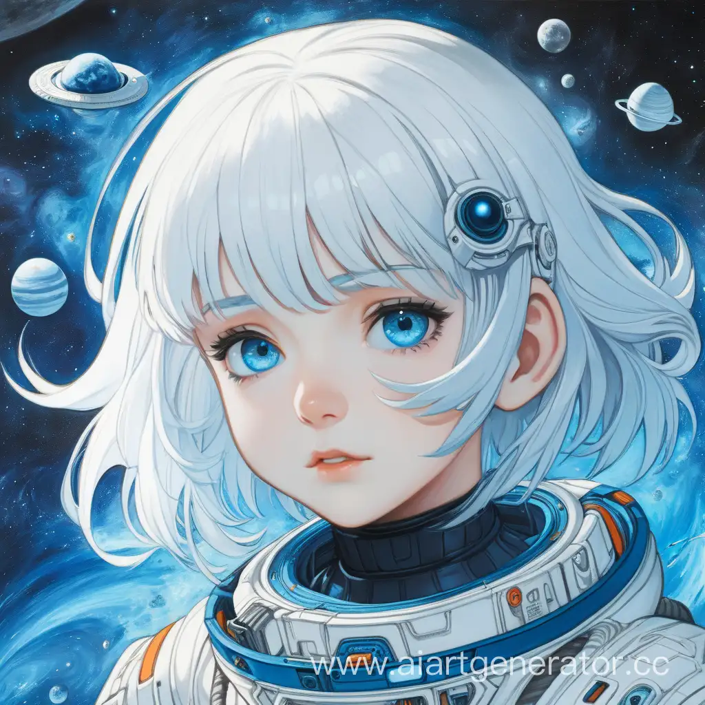 girl with white hair, blue eyes and a space motif
