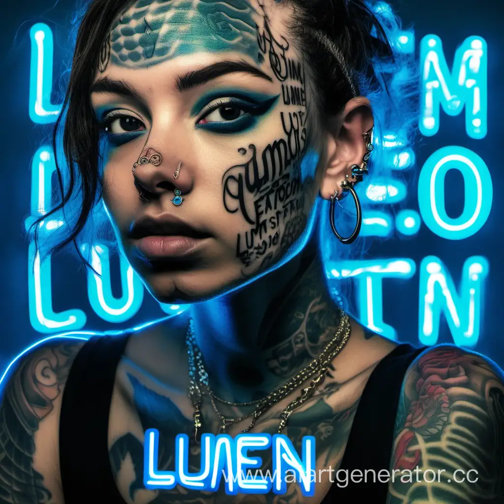 Портрет девушки с пирсингом брови, губ и носа, у которой на лице много разного пирсинга и татуировок. А ее лицо освещено неоновым синим светом. На ее теле написано: “lumen tattoo”. На фоне неоном висит акула