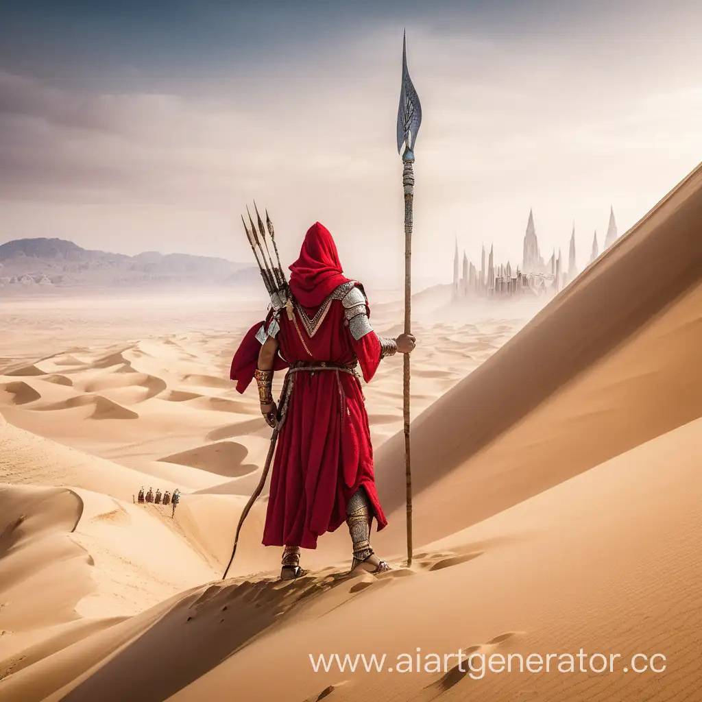 Desert-Warrior-in-Red-Robe-Stands-Before-White-City-on-Mountain