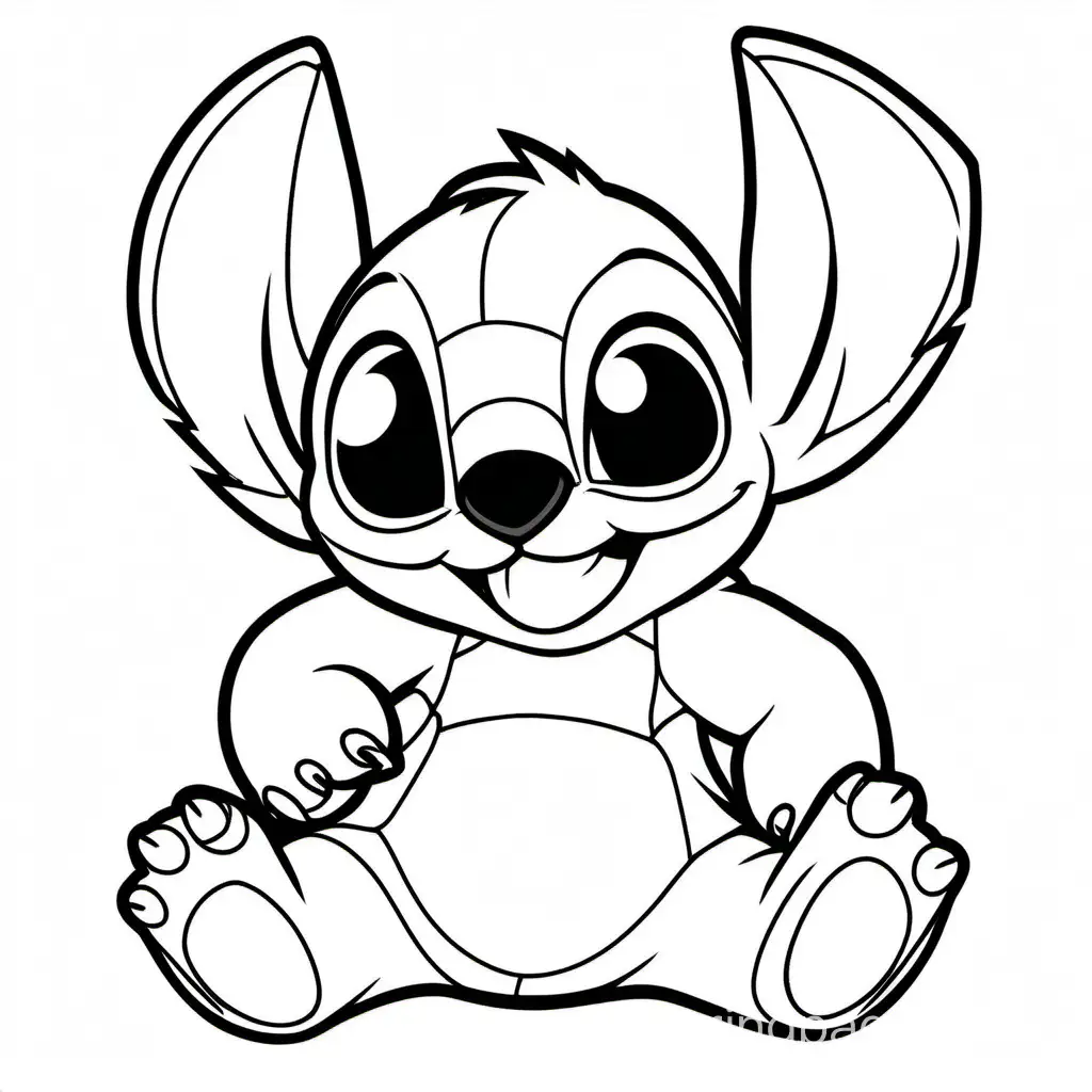 Stitch, Coloring Page, black and white, line art, white background, Simplicity, Ample White Space. The background of the coloring page is plain white to make it easy for young children to color within the lines. The outlines of all the subjects are easy to distinguish, making it simple for kids to color without too much difficulty