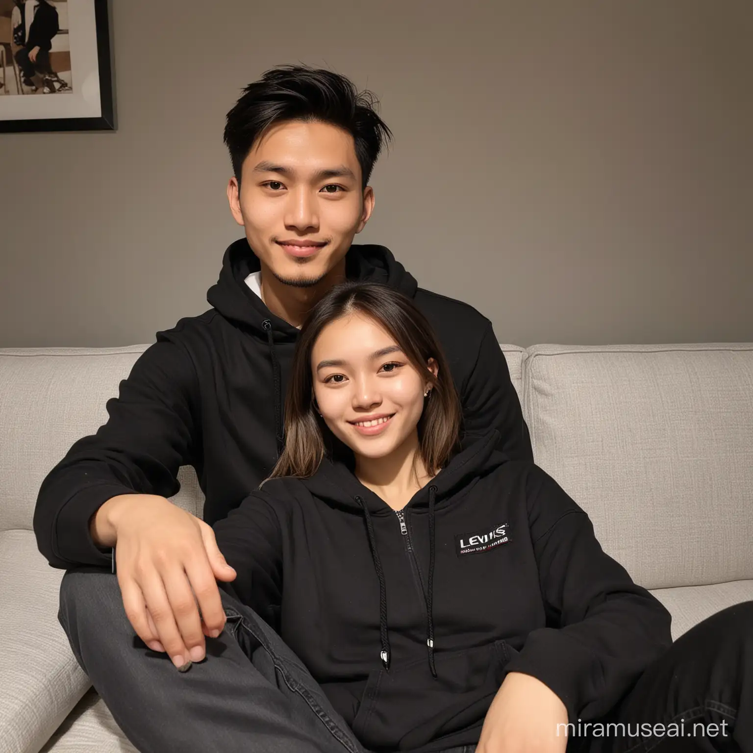 A man is sitting with a 20-year-old woman from Southeast Asia on a sofa inside a house, taking a selfie. The man has a tan complexion and a small body. His hair is thin and very short, combed very neatly. His face is oval-shaped. He is wearing a black hoodie jacket and slim-fit black Levi's pants. As for the woman, she has fair skin and a petite body. Her hair is long and tidy. She is also wearing a black hoodie jacket and slim-fit black Levi's pants. The background is a gray wall. It is evident that they are very happy in the nighttime atmosphere.