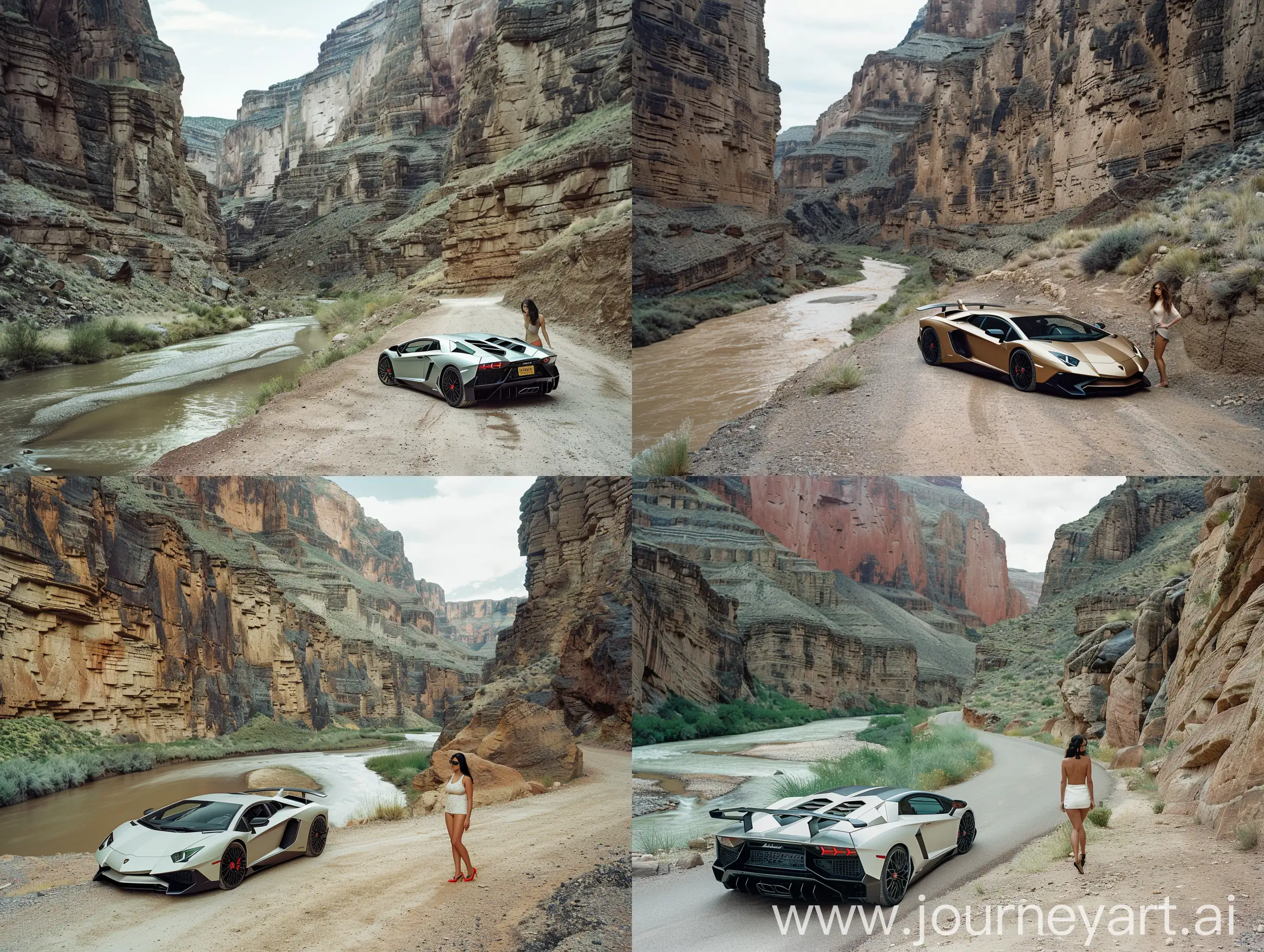 Photo of a lamborghini aventador sv and a breathless model beside it at a winding river canyon with towering walls of rock. Taken by annie liebovitz using a panavision panaflex millennium xl2 camera with a fuji provia 400x rdpiii film and a fujifilm xf 90mm lens.