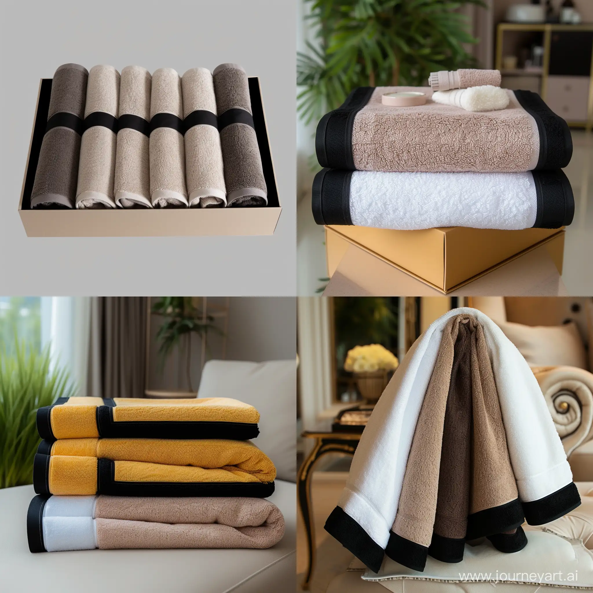 Покажи однотонные банные полотенца самых популярных цветов с черными краями по всему периметру в красивой подарочной упаковке в стильной светлой дизайнерской квартире