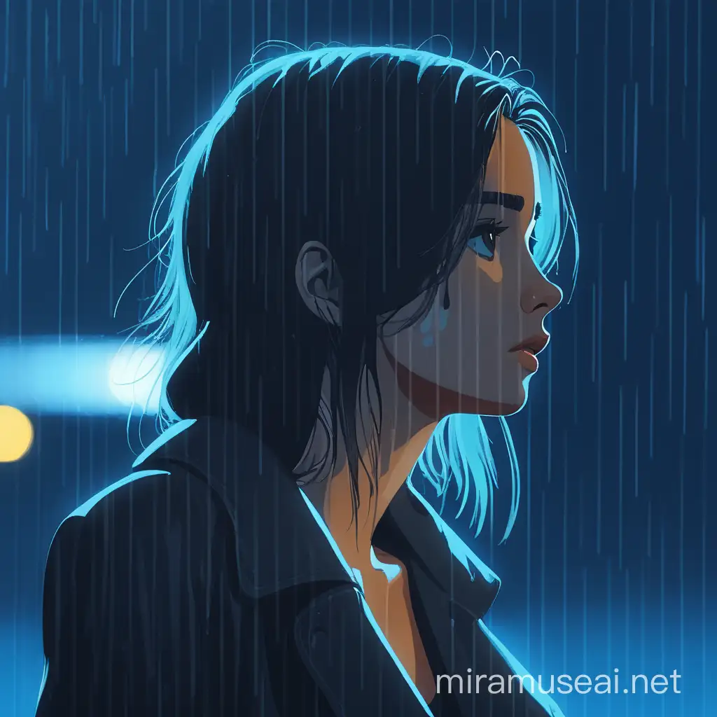 Lonely Woman Standing in Rainy Night with Sad Expression on Blue Background