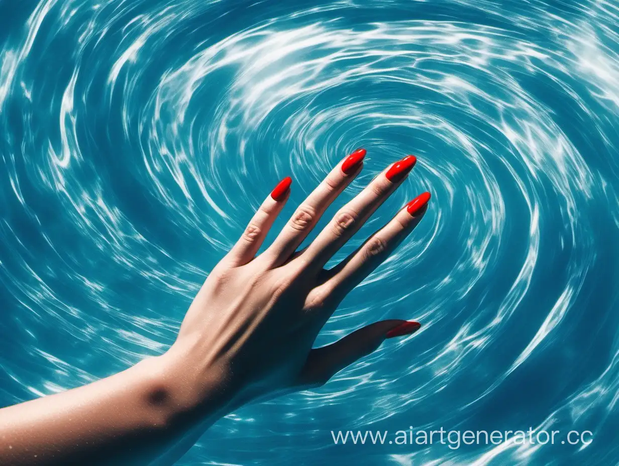 Vibrant-Red-Manicure-in-a-Blue-Water-Whirlpool