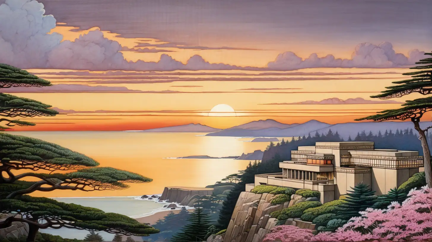 villa, frank lloyd wright, ennis house, bord de mer, falaise, pins, azalées, paysage du japon, aube, soleil levant, nuages