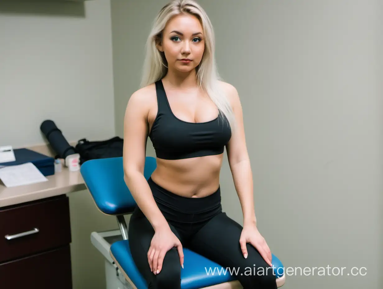 blonde girl in leggings and sports bra sitting on medical exam table