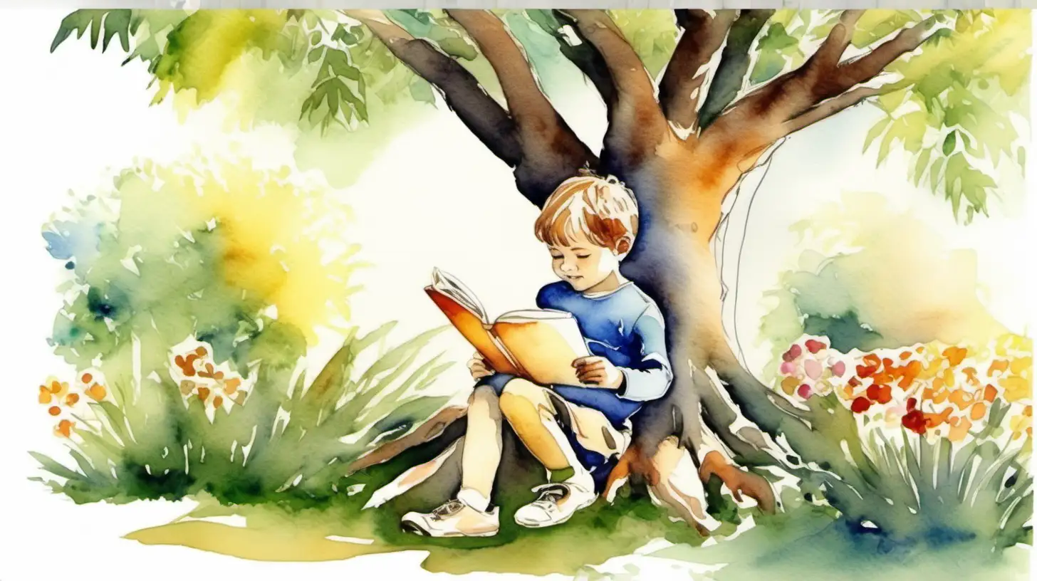 Serene Watercolor Scene Child Reading Under a Tree in a Beautiful Garden