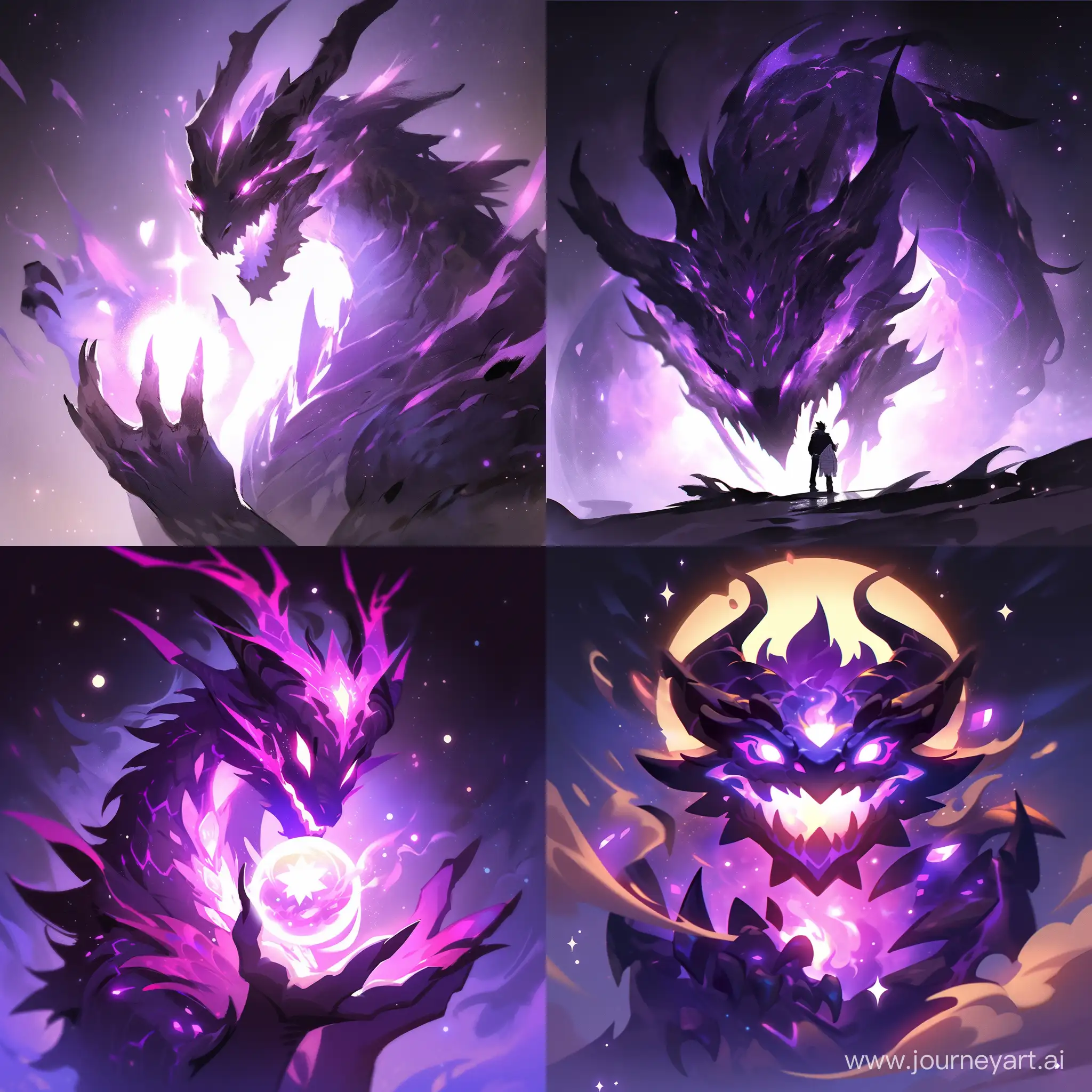 purple anthropomorphic dragon with 2 horns and purple eyes, holding a black hole on his finger, dark space bg with scenic sunlight light, glossy skin, stylized like ovopack draw style, contrasting colors and slightly lower saturation, soft and hard strokes, without outlines --s 250 --niji 5