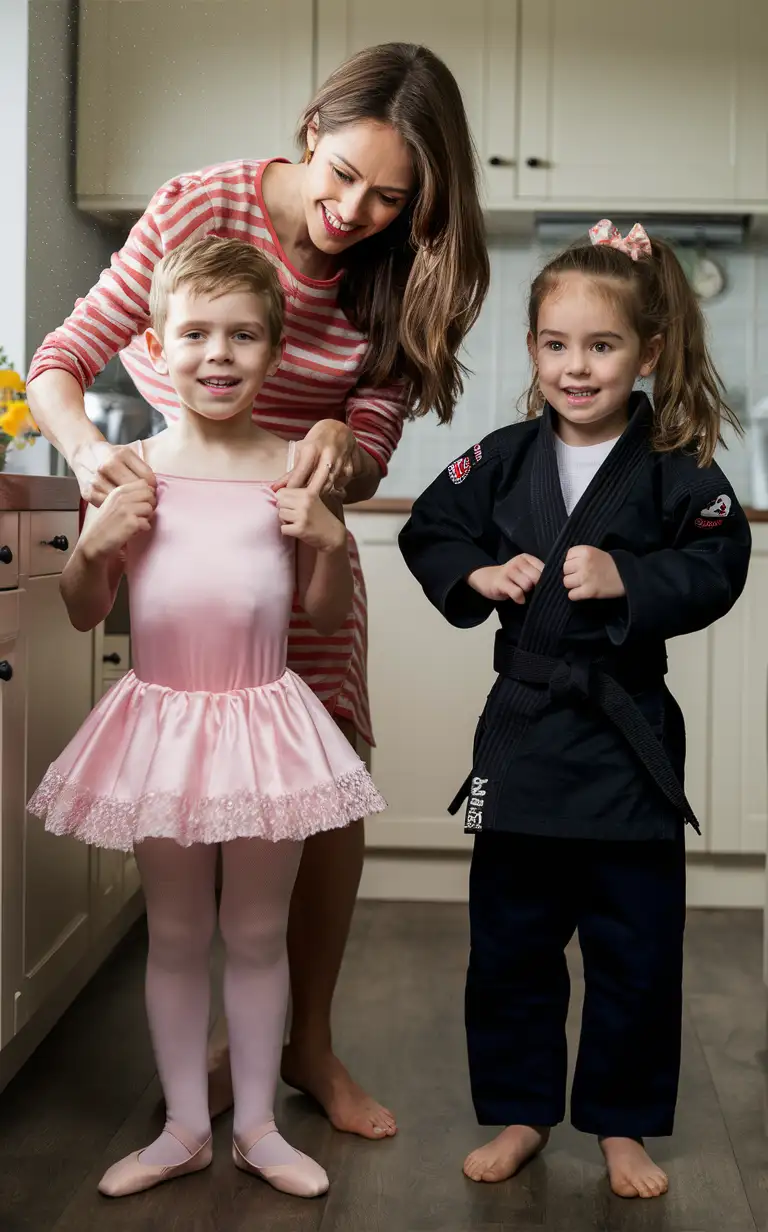Gender role-reversal, Photograph of a mother dressing her young son, a boy age 8, up in a pink ballerina dress and tights, and she is dressing her young daughter, a girl age 7, up in a black judo uniform, in a kitchen for fun on a rainy day, adorable, perfect children faces, perfect faces, clear faces, perfect eyes, perfect noses, smooth skin
