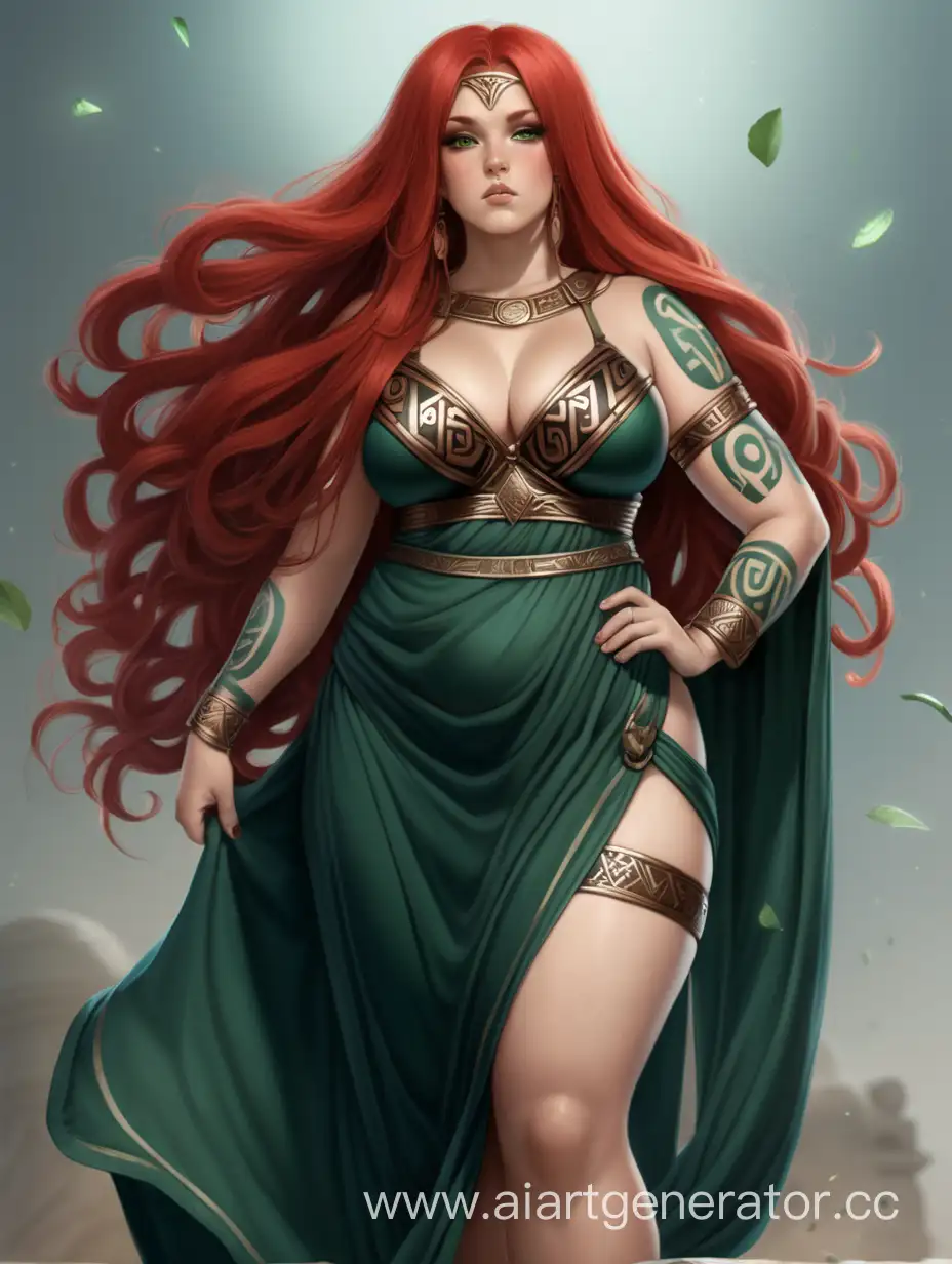 Goddess, chubby body, Thick high thighs, big breasts, Long Red hair,  black and green roman goddess dress, runic tattoos, female character