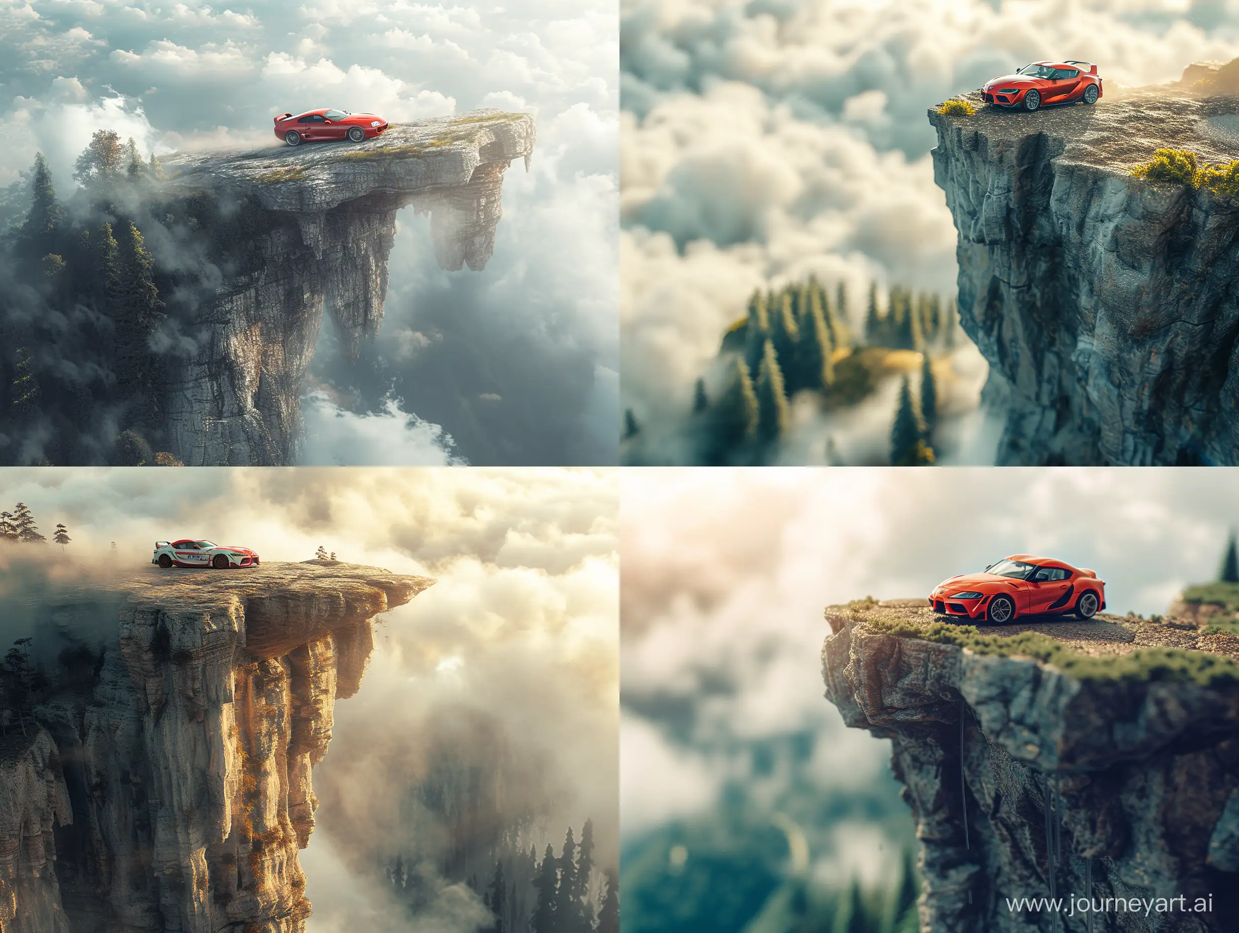 A Supra mk4 car flies from the top of a cliff mount above the clouds and the weather is cloudy and below there is a forest, Depth of field, the background is blurry, sunshine. --ar 4:3 --s 250 --style raw --v 6 