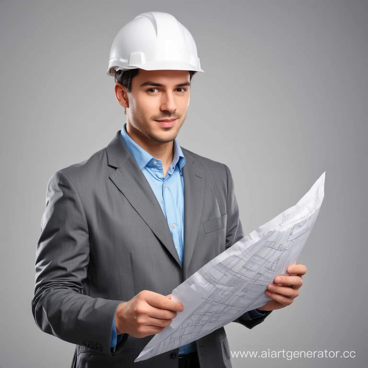 Нарисуй мужчину-инженера, в каске, на сером фоне, держит в руках смету



