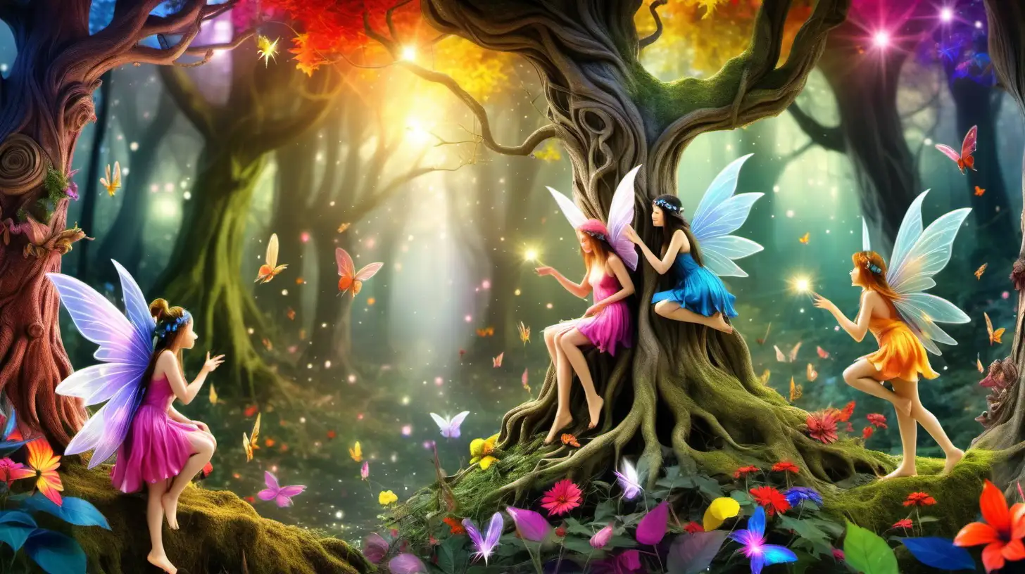 fairies, tree, colorful forest scene


