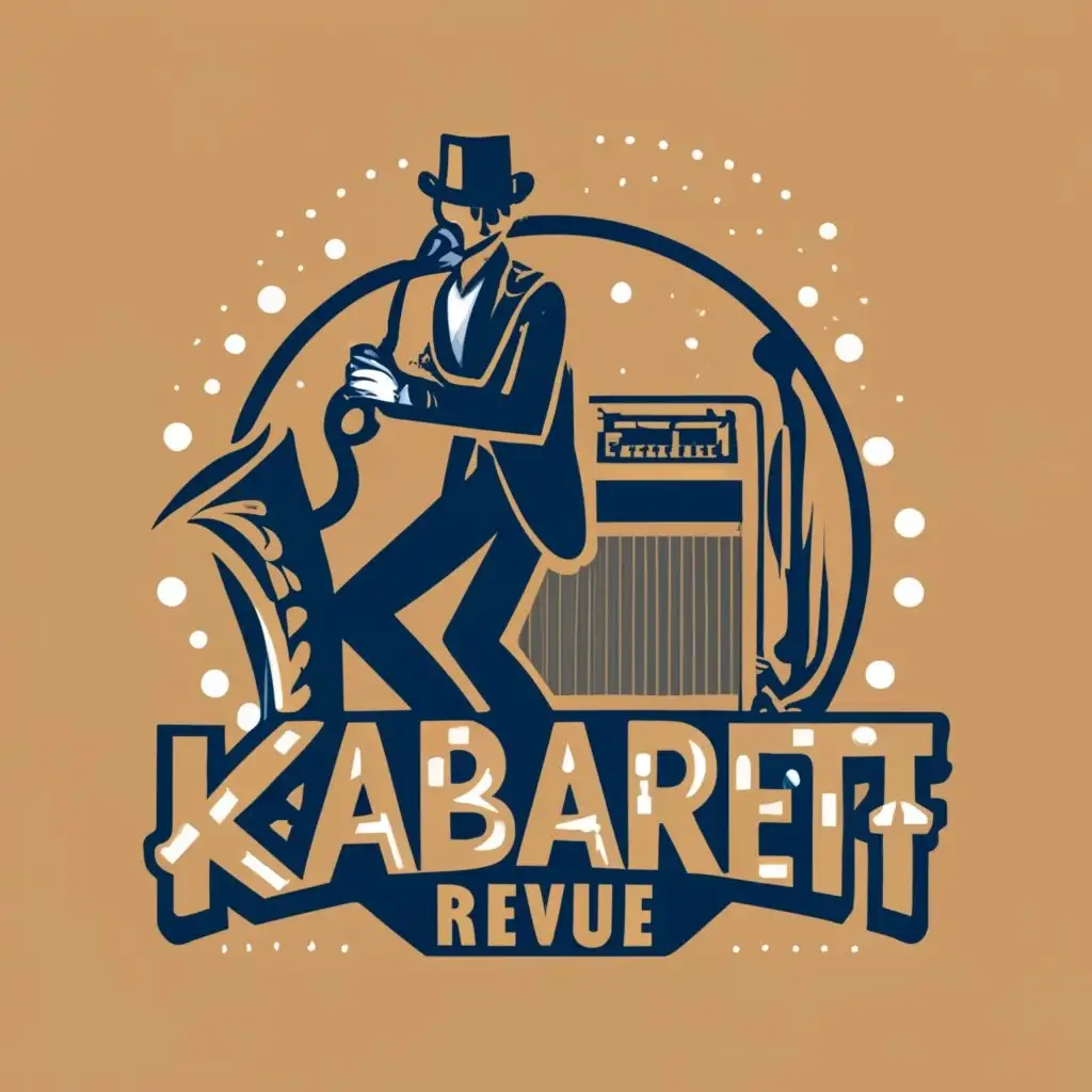 logo, Art Nouveau music band microphone saxophone piano, with the text "Swing "Kabarett" Revue", typography, be used in Entertainment industry