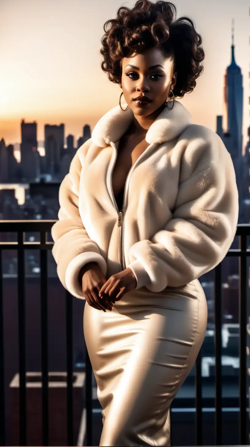 Beautiful Black woman, Wearing Cream, Mink, Fur bomber,  wearing curly updo, standing on the balcony of Penthouse, overlooking New York, Resolution, lighting is Volumetric